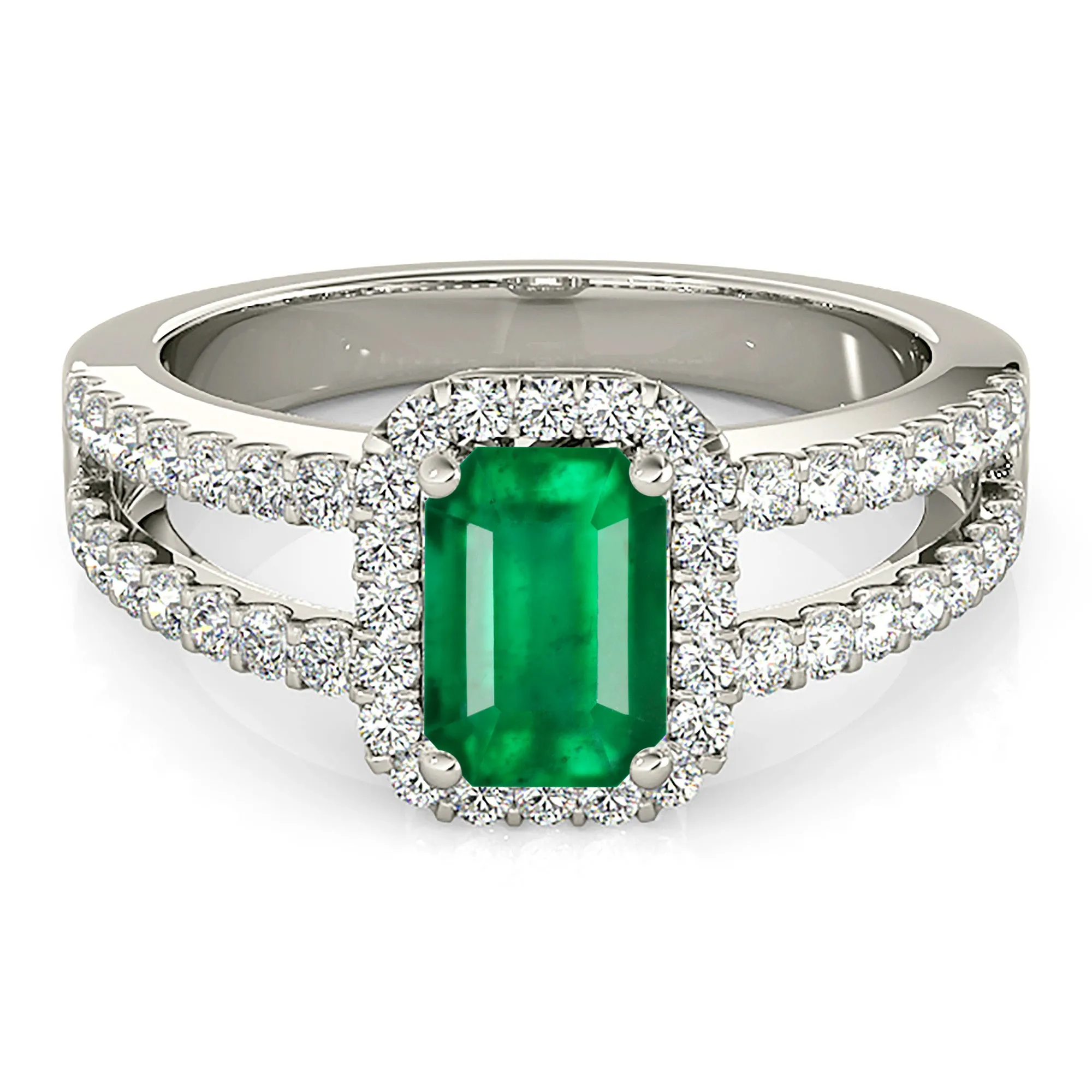 1.00 ct. Genuine Emerald Ring With Halo and Diamond Split Shank