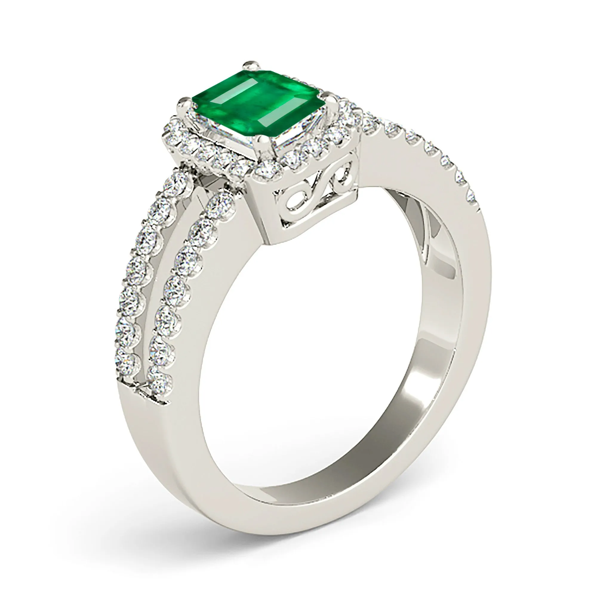 1.00 ct. Genuine Emerald Ring With Halo and Diamond Split Shank
