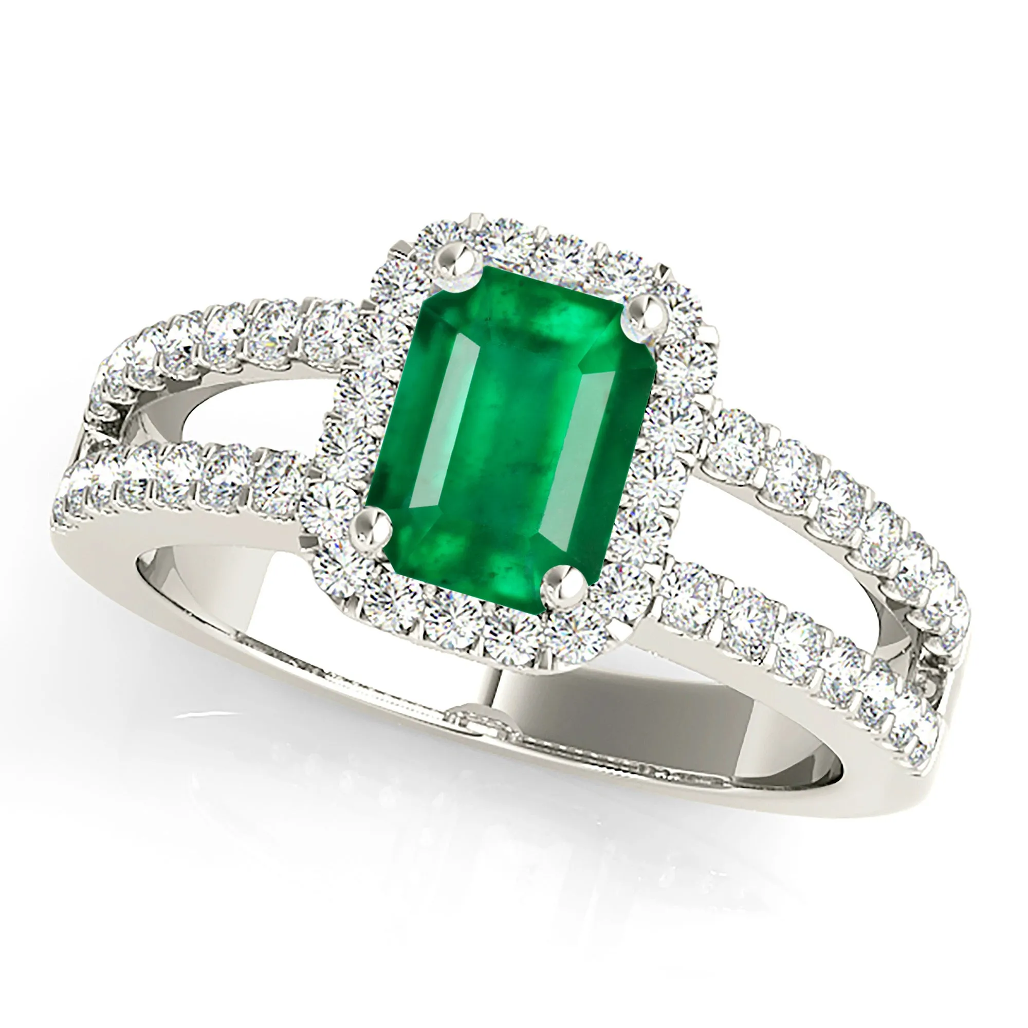 1.00 ct. Genuine Emerald Ring With Halo and Diamond Split Shank