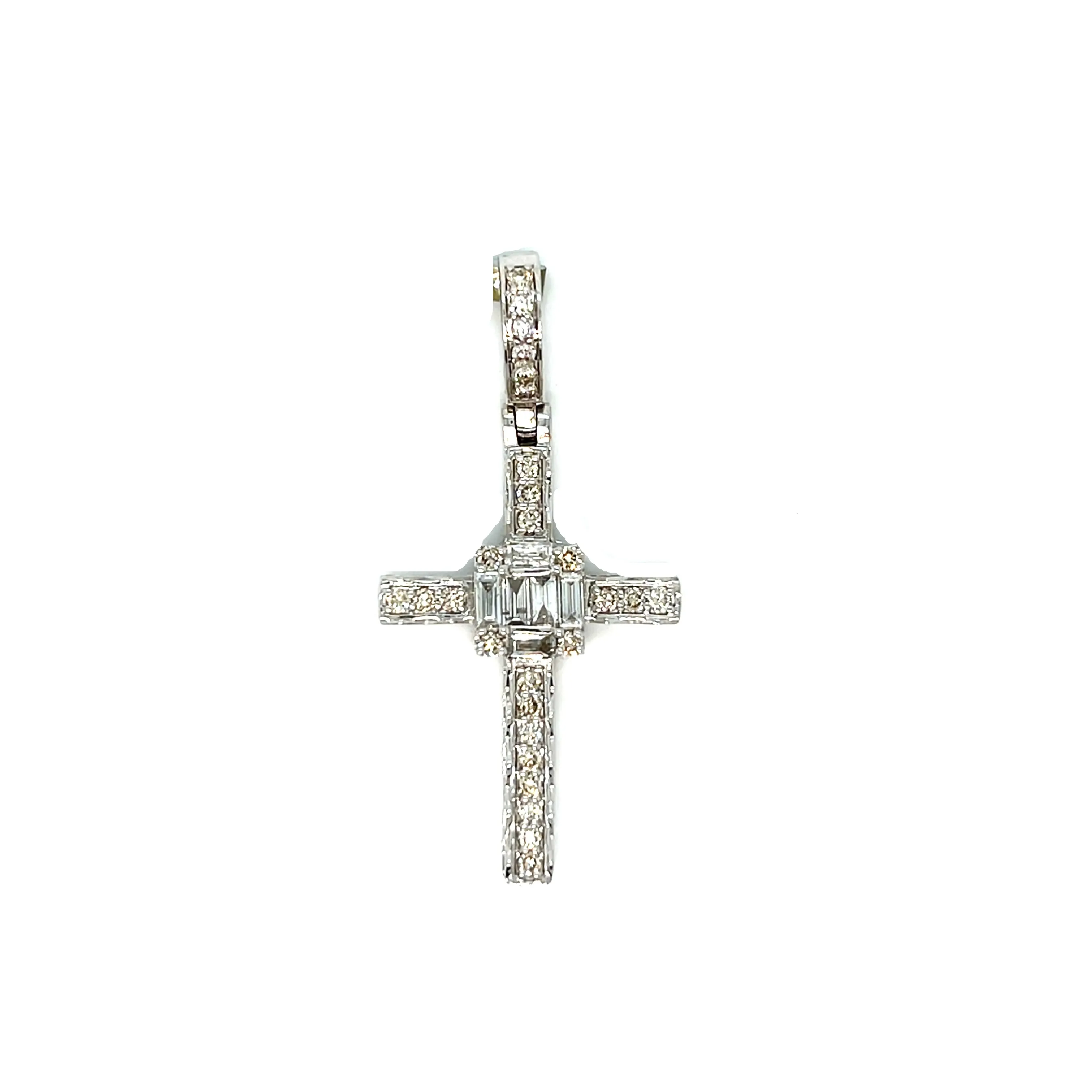 10k Gold Elegant Cross 1.8" Pendant Charm with Emerald cut Natural Diamonds - SP17482