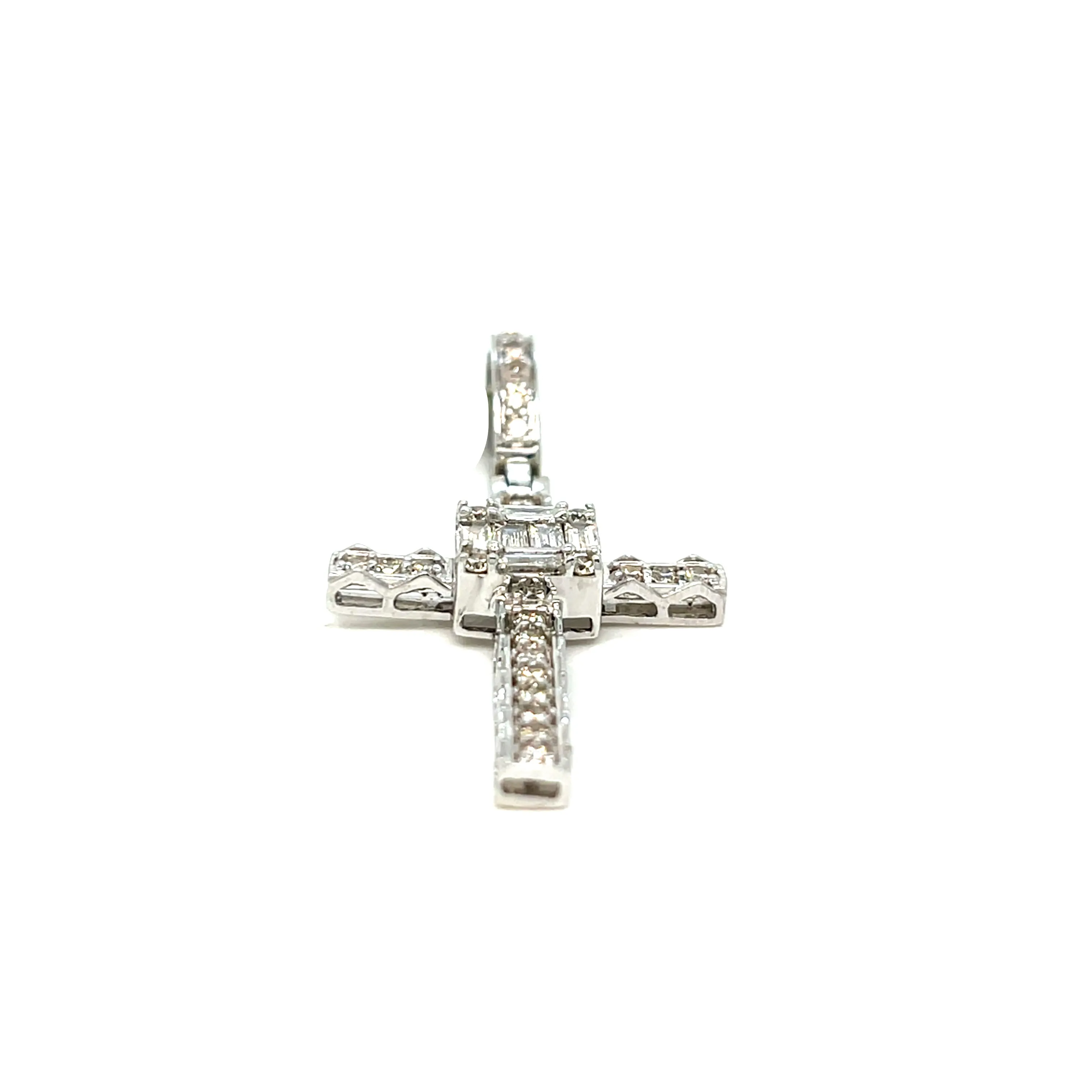 10k Gold Elegant Cross 1.8" Pendant Charm with Emerald cut Natural Diamonds - SP17482
