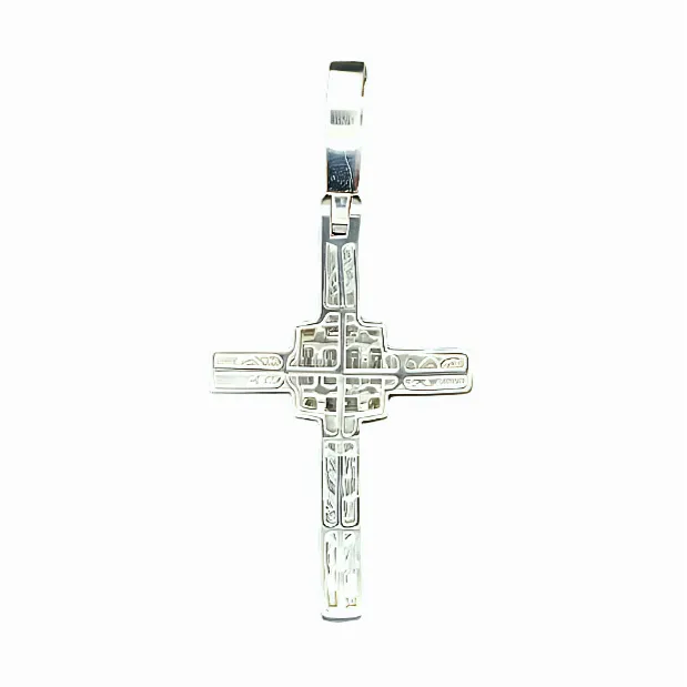 10k Gold Elegant Cross 1.8" Pendant Charm with Emerald cut Natural Diamonds - SP17482