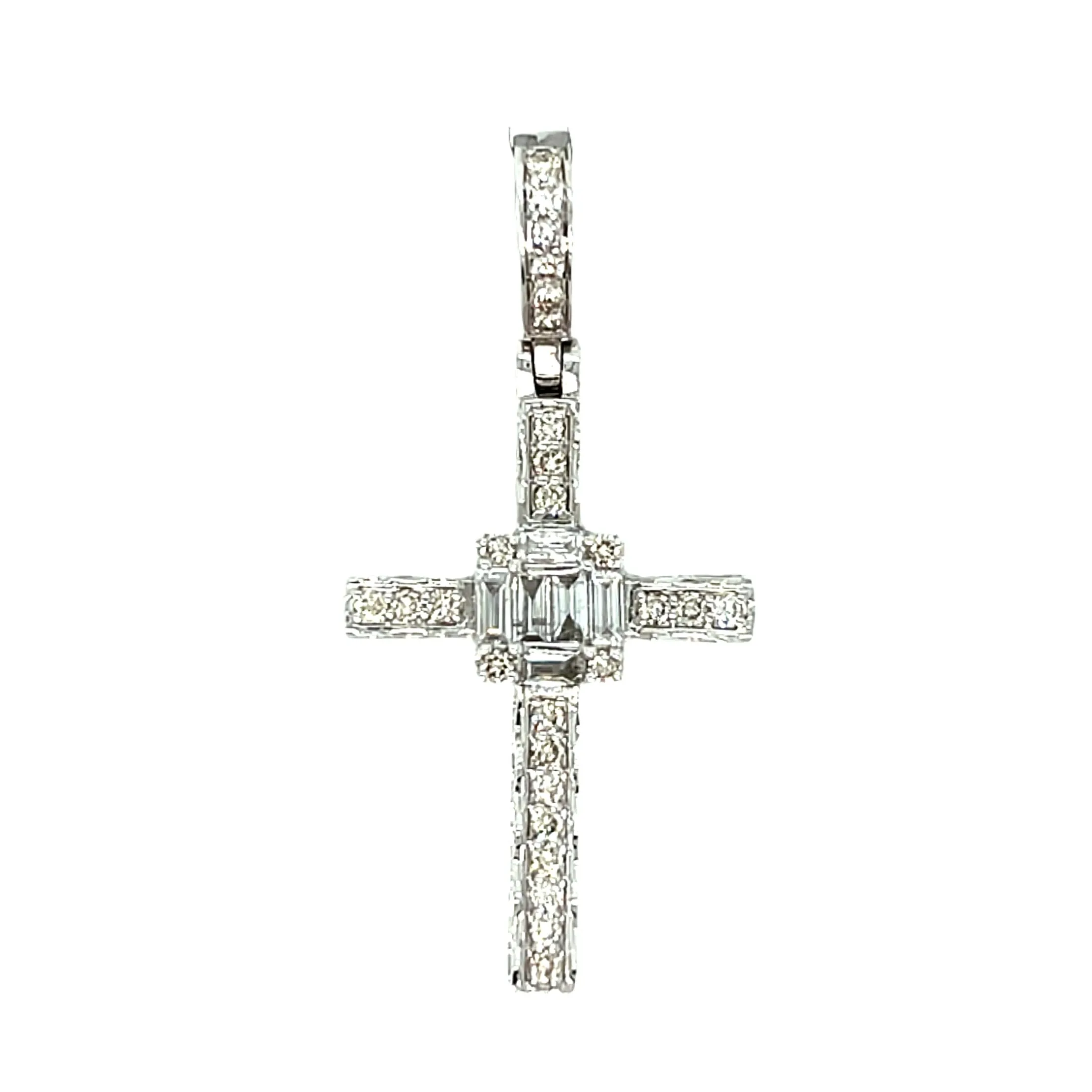 10k Gold Elegant Cross 1.8" Pendant Charm with Emerald cut Natural Diamonds - SP17482