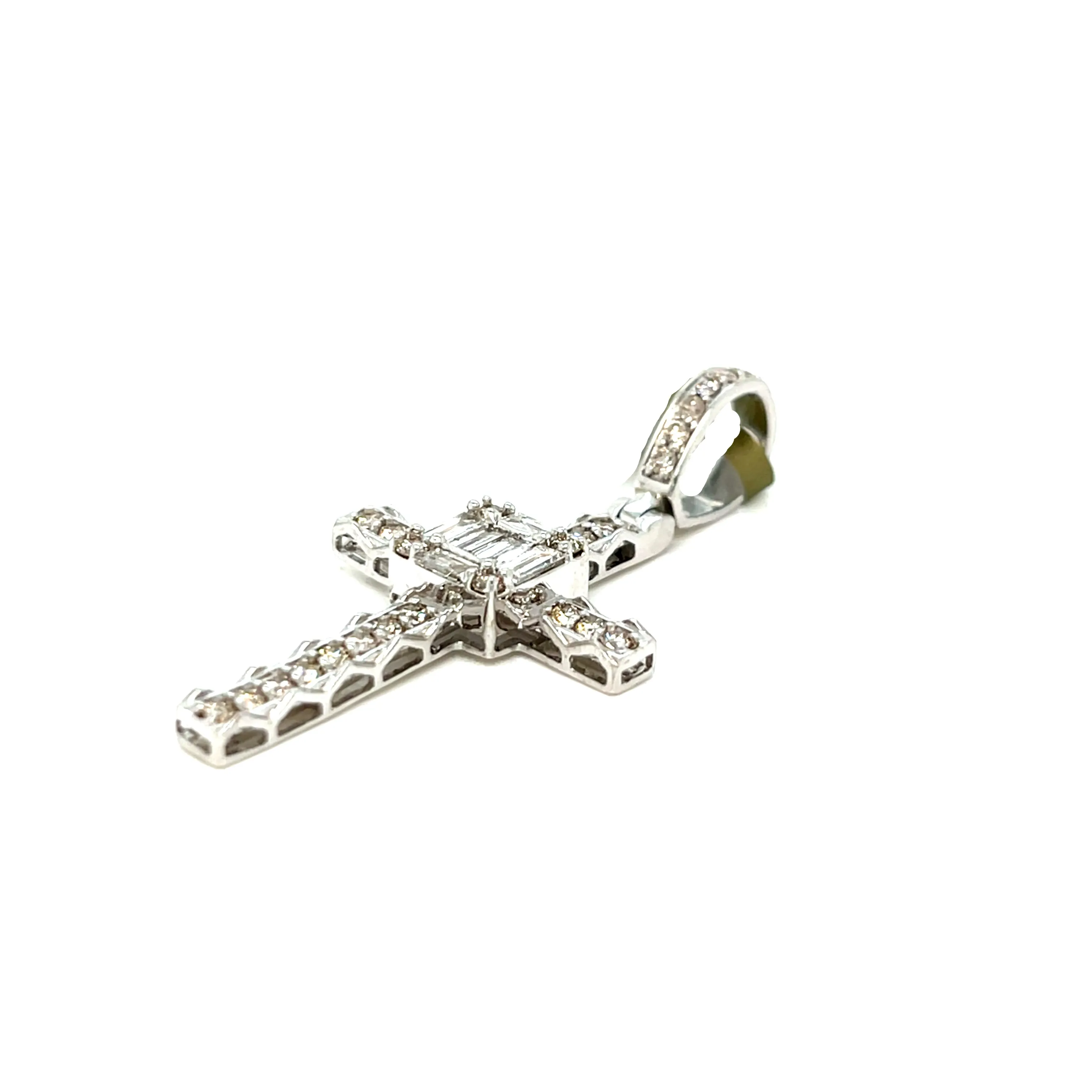 10k Gold Elegant Cross 1.8" Pendant Charm with Emerald cut Natural Diamonds - SP17482
