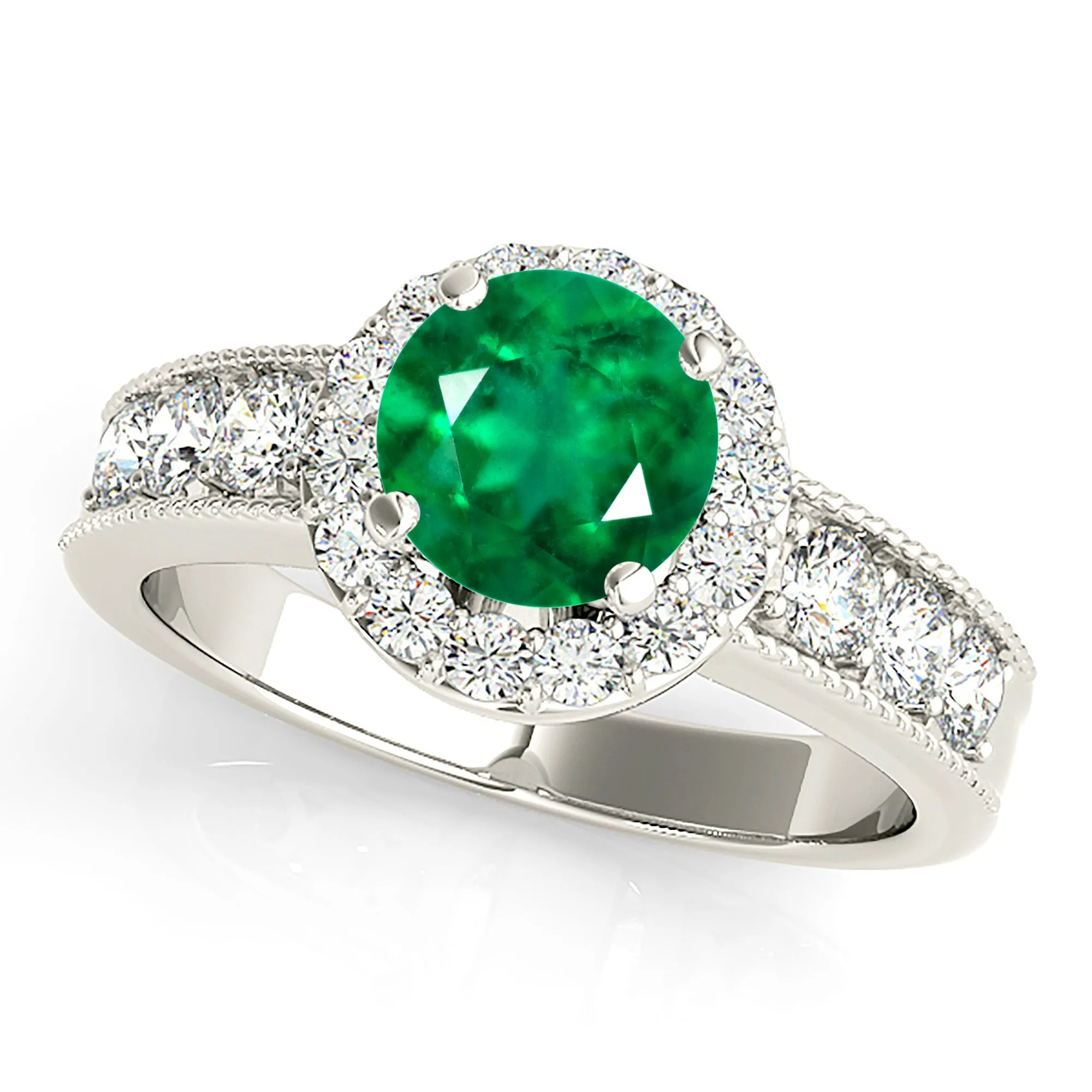1.15 ct. Genuine Emerald Ring With Halo, Milgrain Design Diamond Band