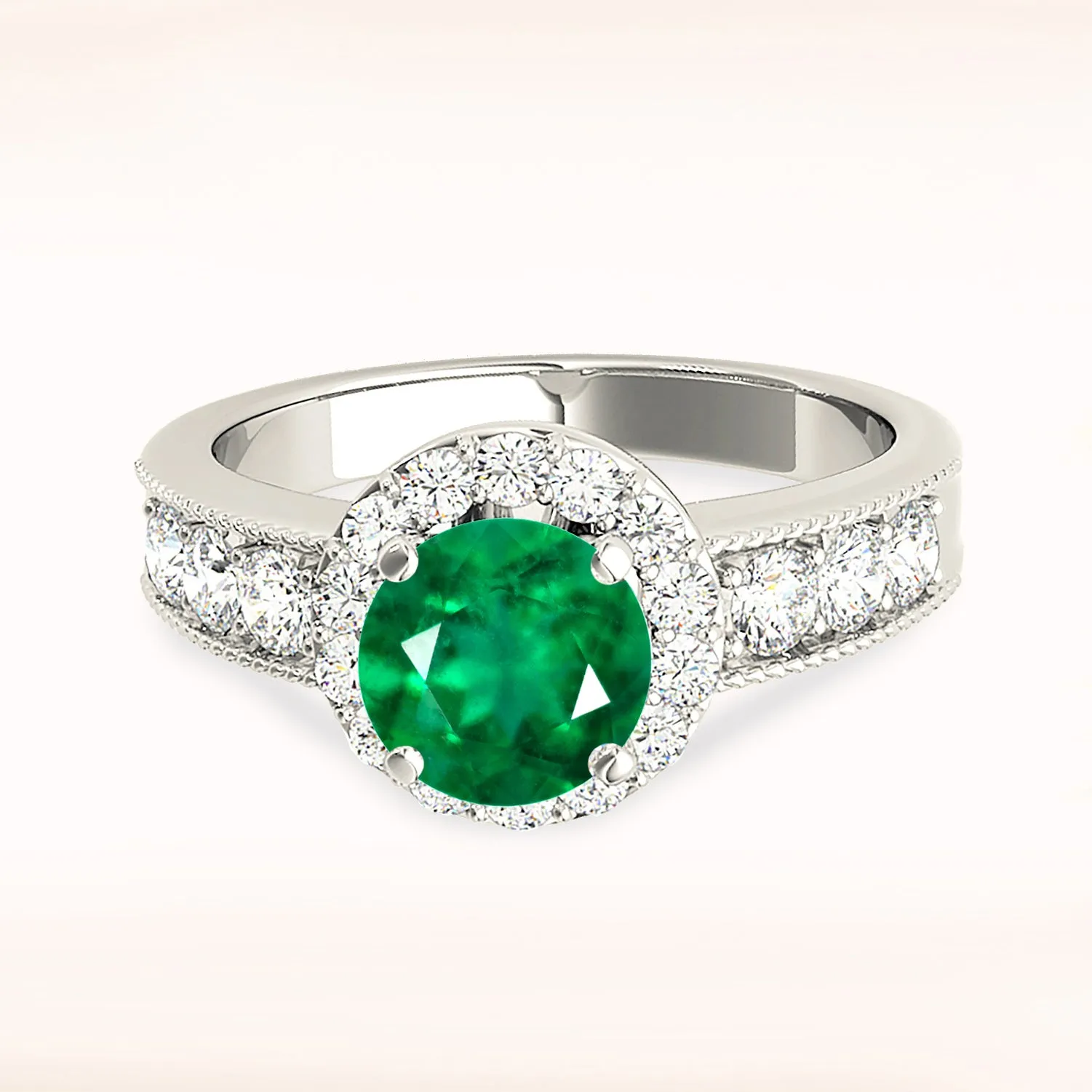1.15 ct. Genuine Emerald Ring With Halo, Milgrain Design Diamond Band