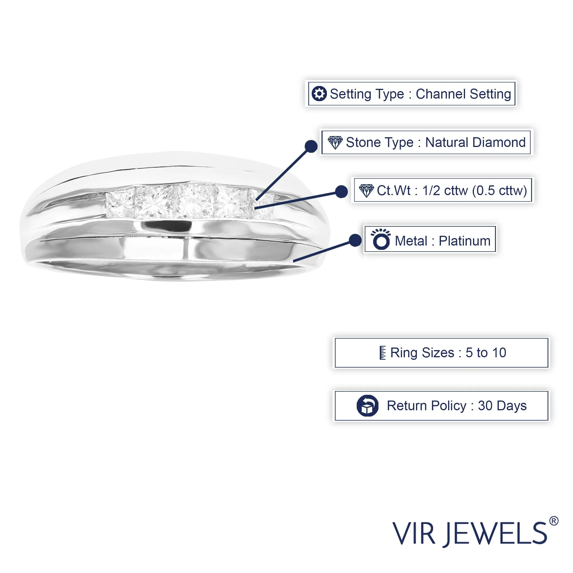 1/2 cttw Five Princess Diamond Wedding Men's Band in Platinum