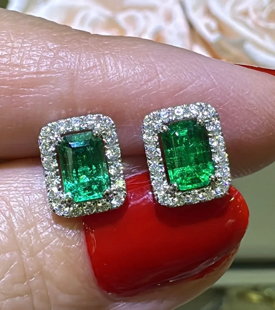 1.36ct tw Green Emerald Emerald-cut Diamond Halo Stud Earrings