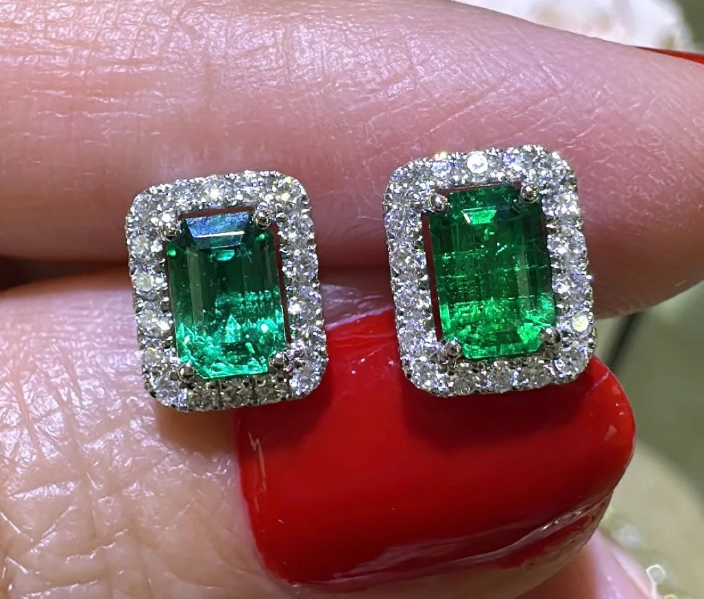 1.36ct tw Green Emerald Emerald-cut Diamond Halo Stud Earrings