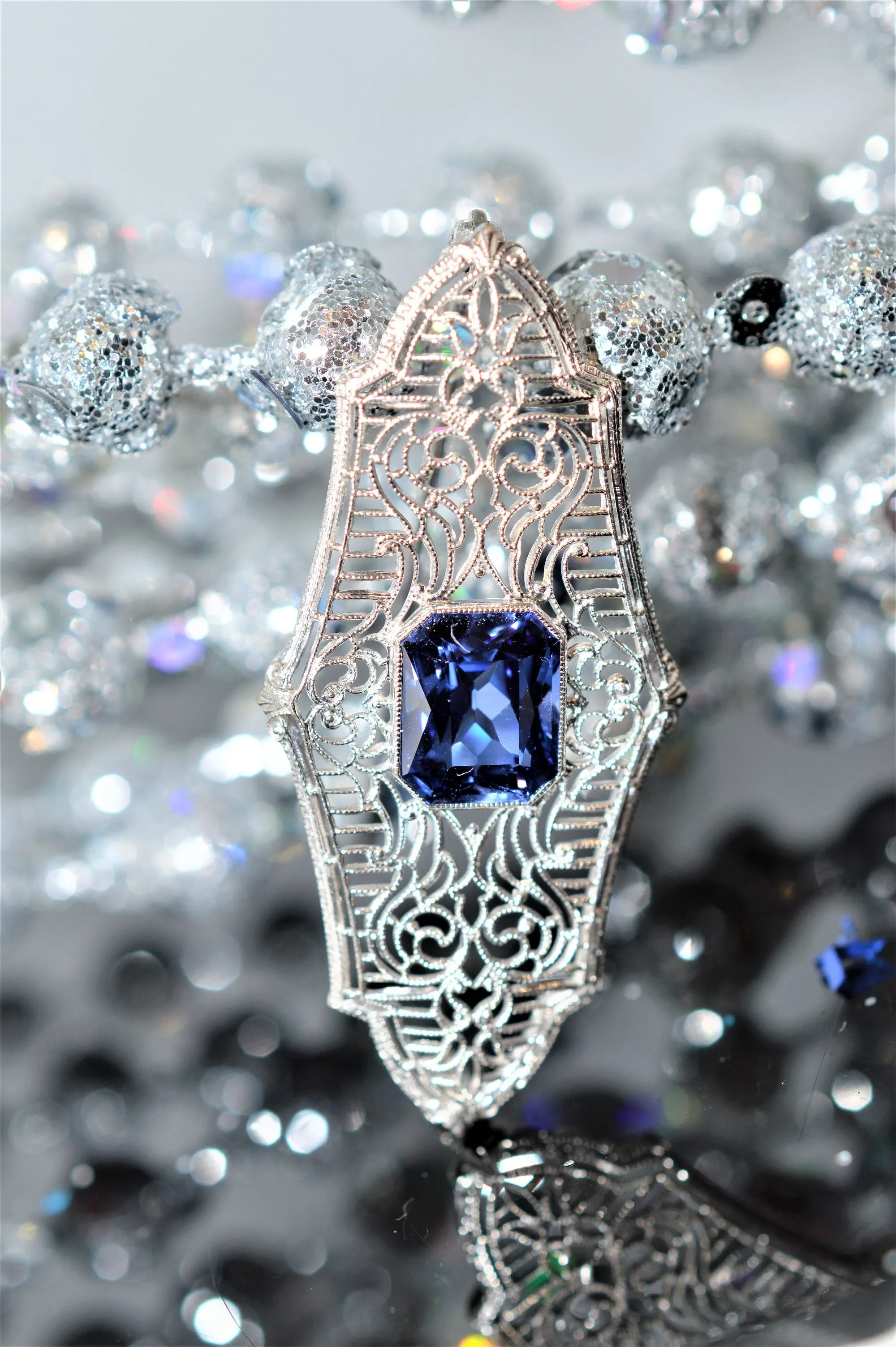 14K White Gold, Art Deco, Antique, Filigree Brooch