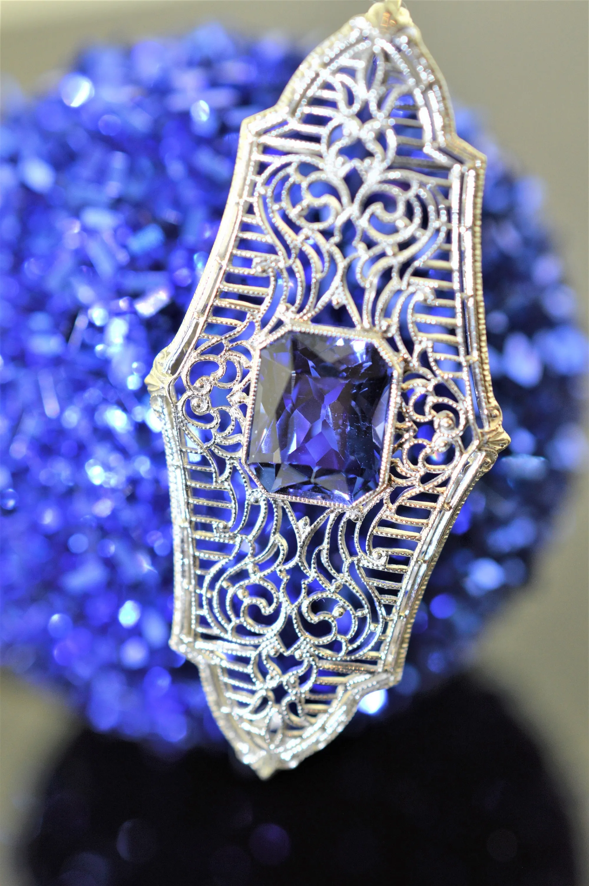 14K White Gold, Art Deco, Antique, Filigree Brooch
