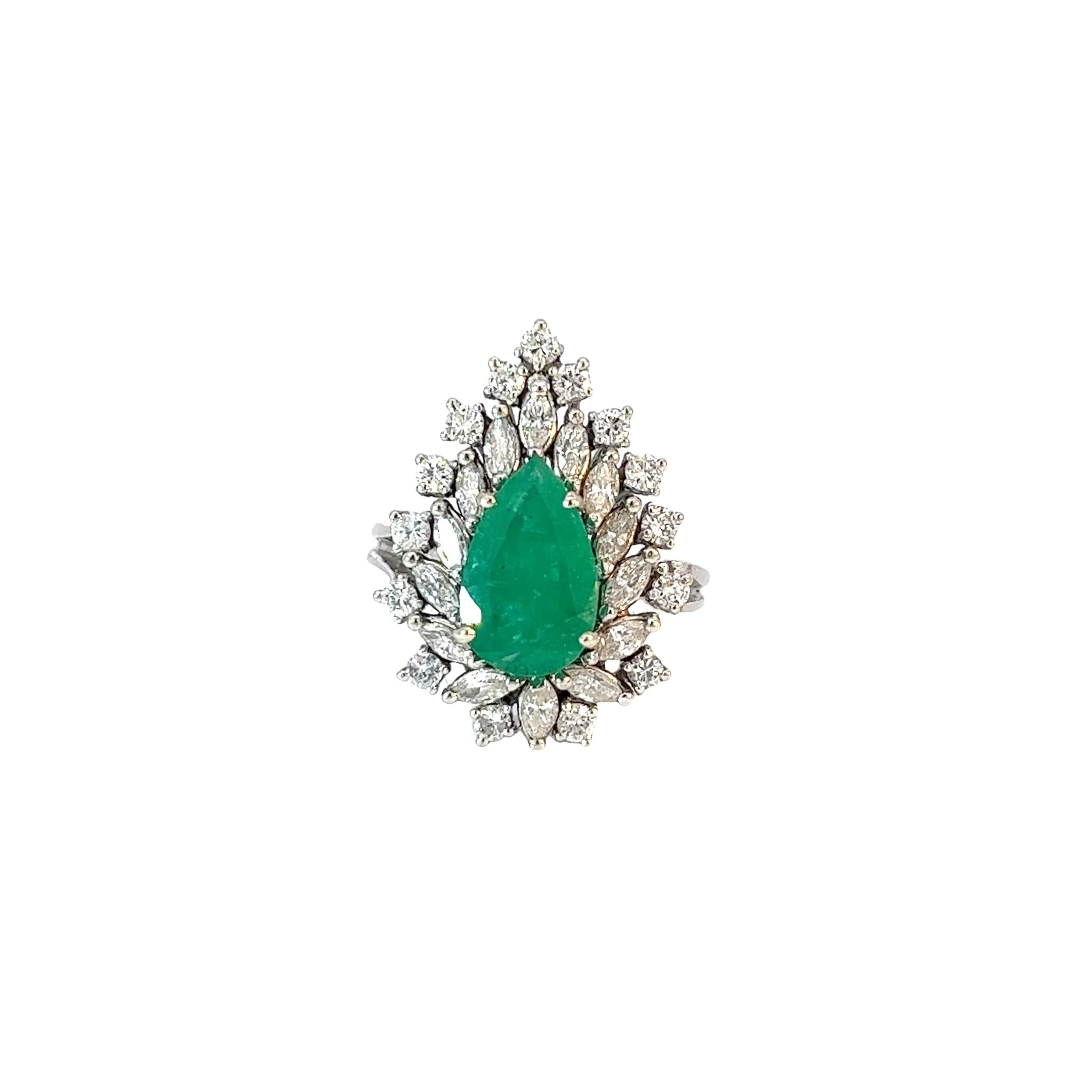 14k White Gold Vintage 3.00ct Pear shaped Emerald , 1.50ct Marquise and .80ct G VS2 Round Diamond ring