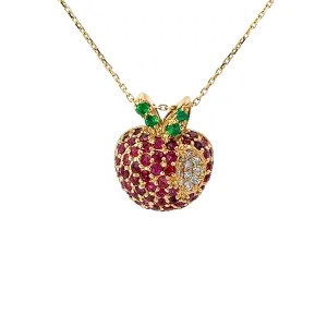 14k Yellow Gold 2.50ct Round Ruby, .10ct Round Emerald  and .07ct G VS2 Round Diamond  Apple Necklace