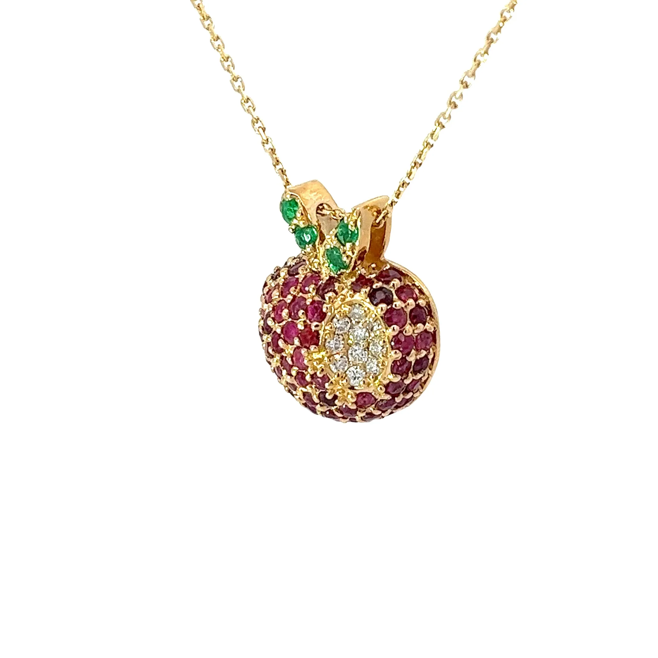 14k Yellow Gold 2.50ct Round Ruby, .10ct Round Emerald  and .07ct G VS2 Round Diamond  Apple Necklace
