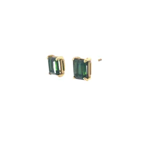 14K YELLOW GOLD 3CT GREEN TOURMALINE  EMERALD CUT 8X6 STUD EARRINGS