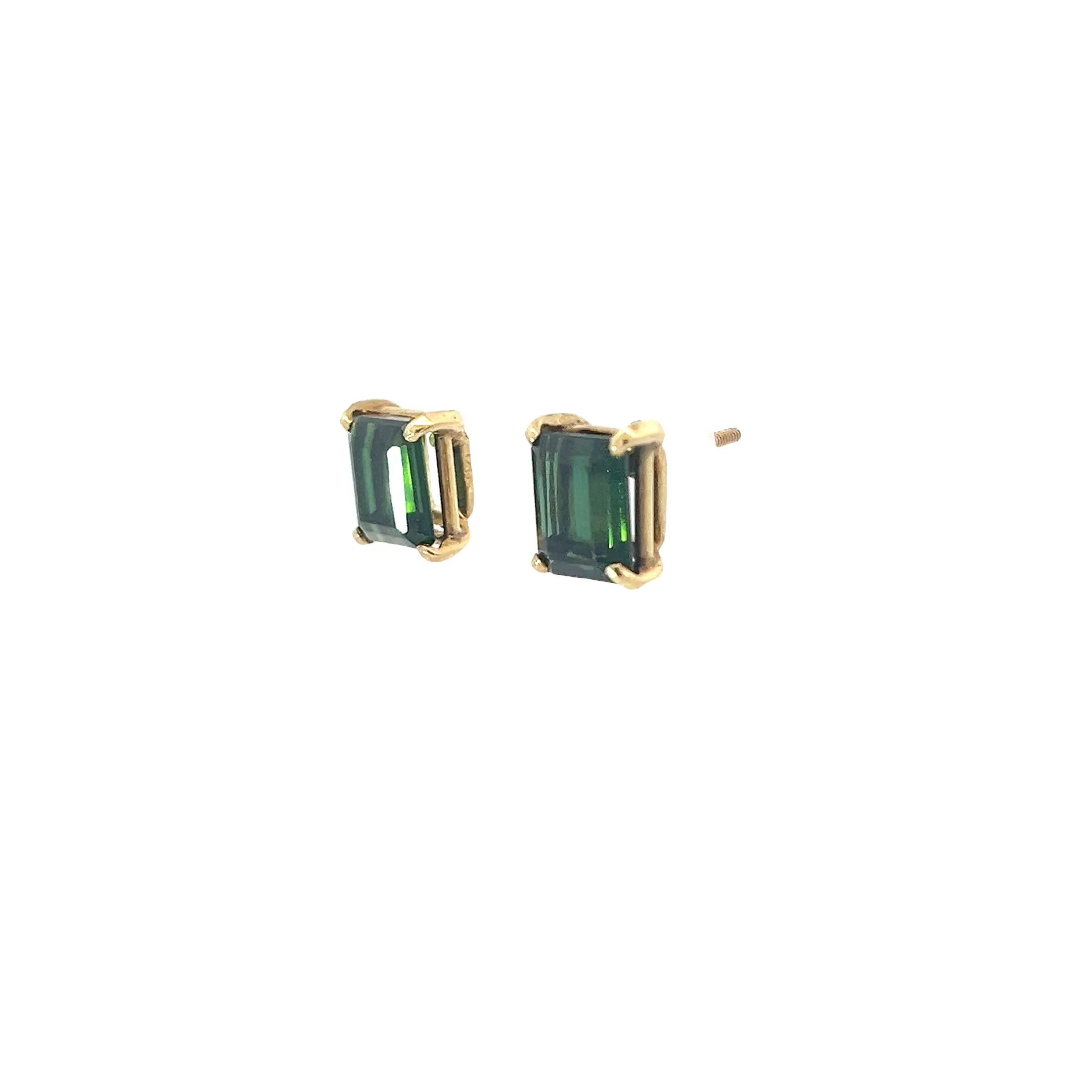 14K YELLOW GOLD 3CT GREEN TOURMALINE  EMERALD CUT 8X6 STUD EARRINGS
