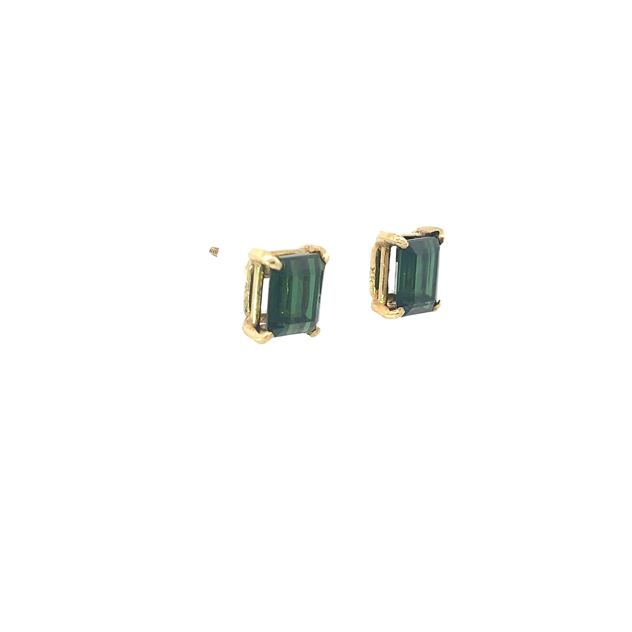 14K YELLOW GOLD 3CT GREEN TOURMALINE  EMERALD CUT 8X6 STUD EARRINGS