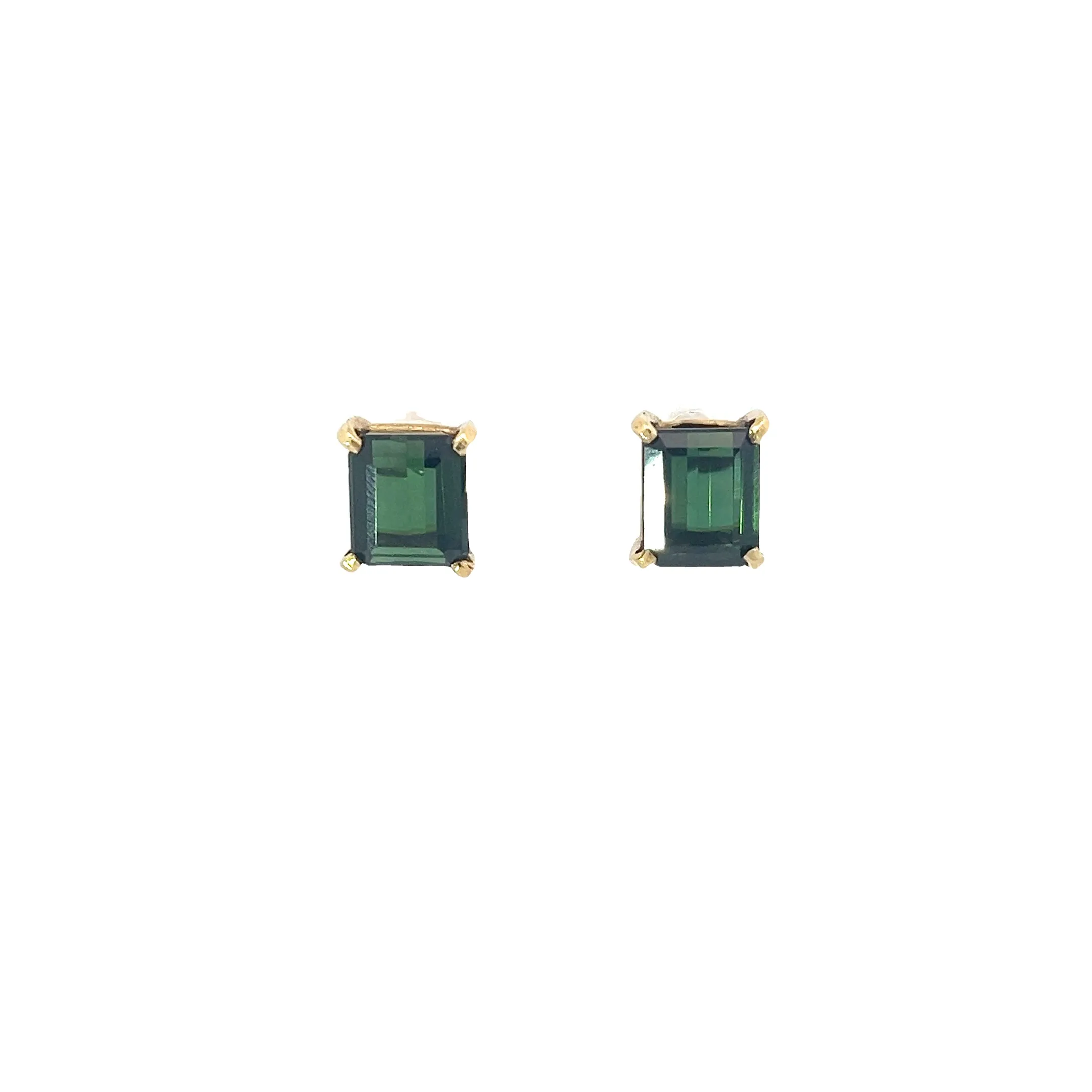14K YELLOW GOLD 3CT GREEN TOURMALINE  EMERALD CUT 8X6 STUD EARRINGS