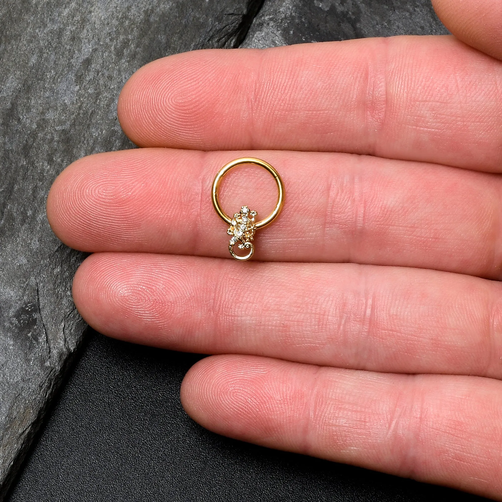 16 Gauge 3/8 Clear Gem Gold Tone Luscious Lizard Hinged Segment Ring