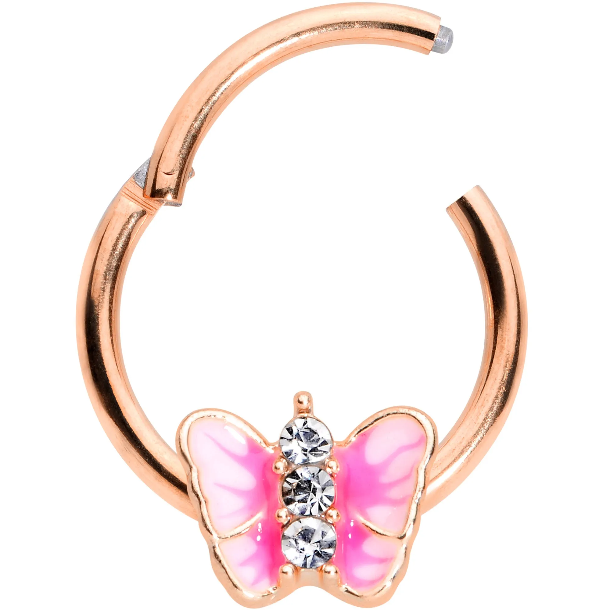 16 Gauge 3/8 Clear Gem Rose Gold Tone Pink Butterfly Septum Ring