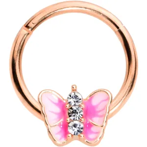 16 Gauge 3/8 Clear Gem Rose Gold Tone Pink Butterfly Septum Ring