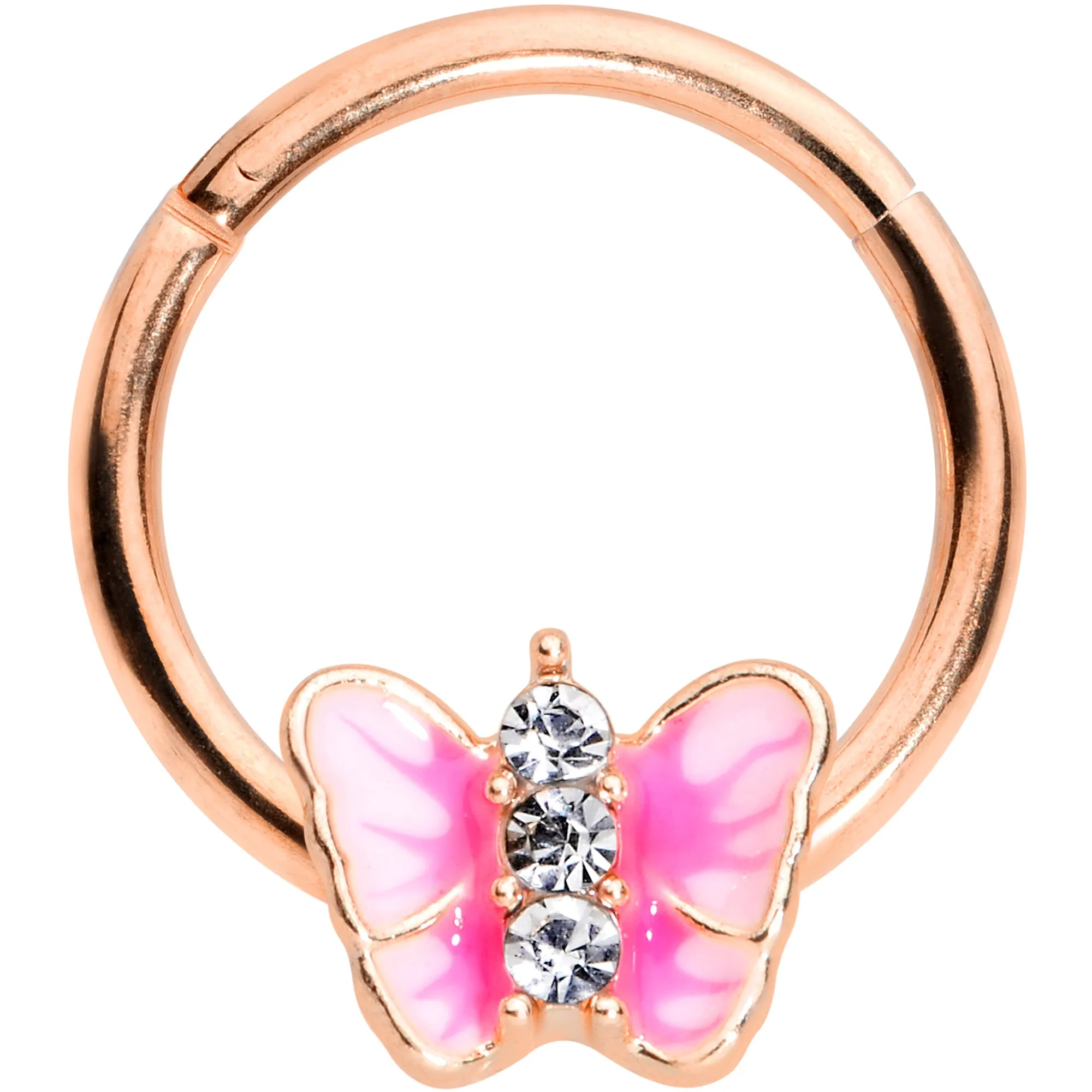 16 Gauge 3/8 Clear Gem Rose Gold Tone Pink Butterfly Septum Ring