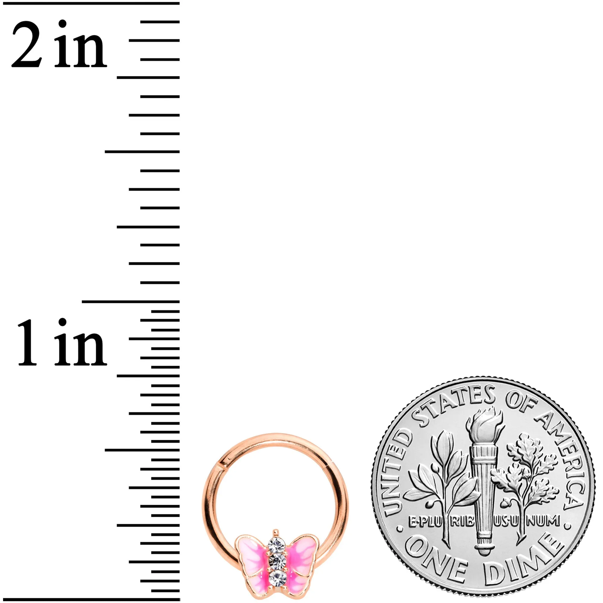 16 Gauge 3/8 Clear Gem Rose Gold Tone Pink Butterfly Septum Ring