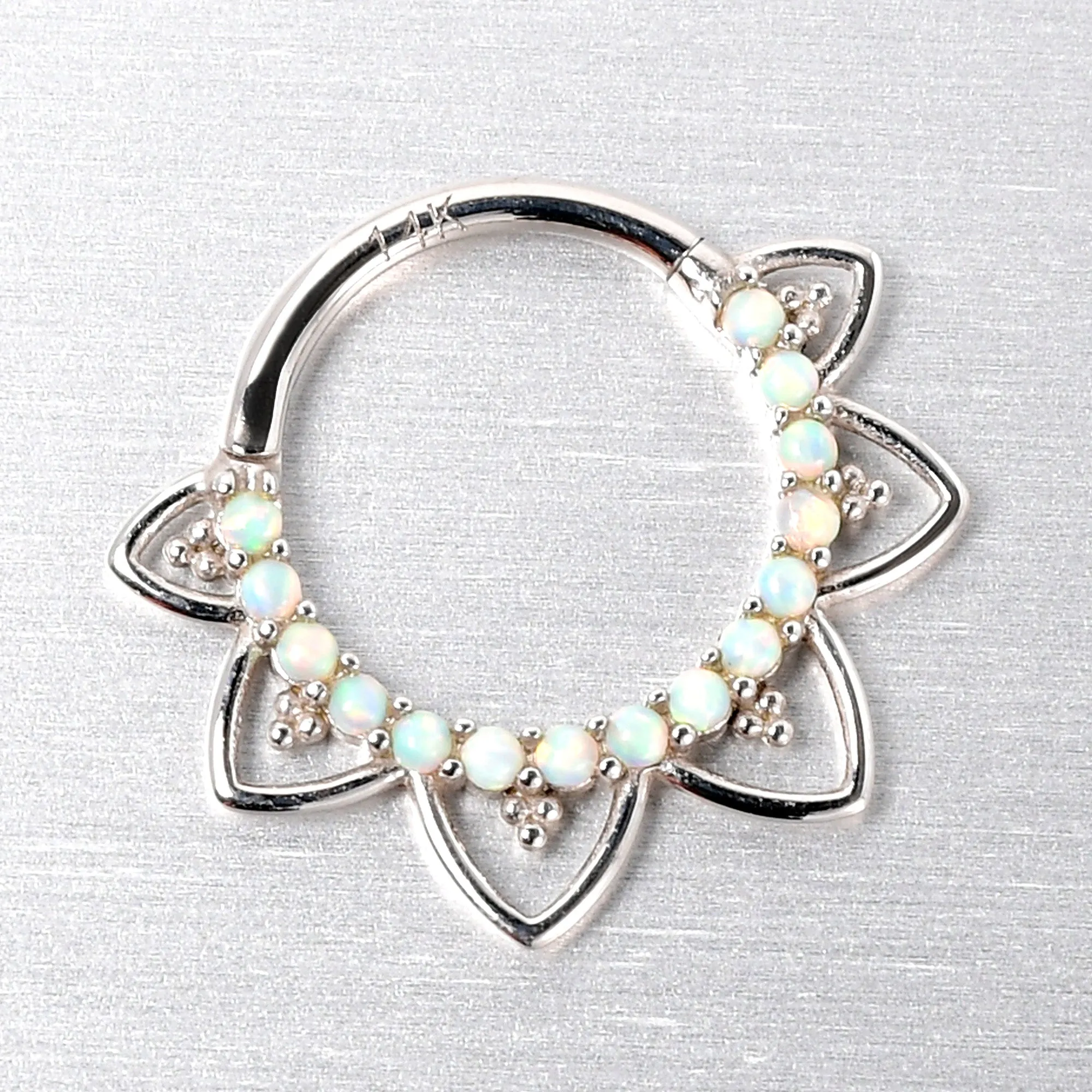 16 Gauge 3/8 White Synthetic Opal 14kt White Gold Filigree Hinged Segment Ring