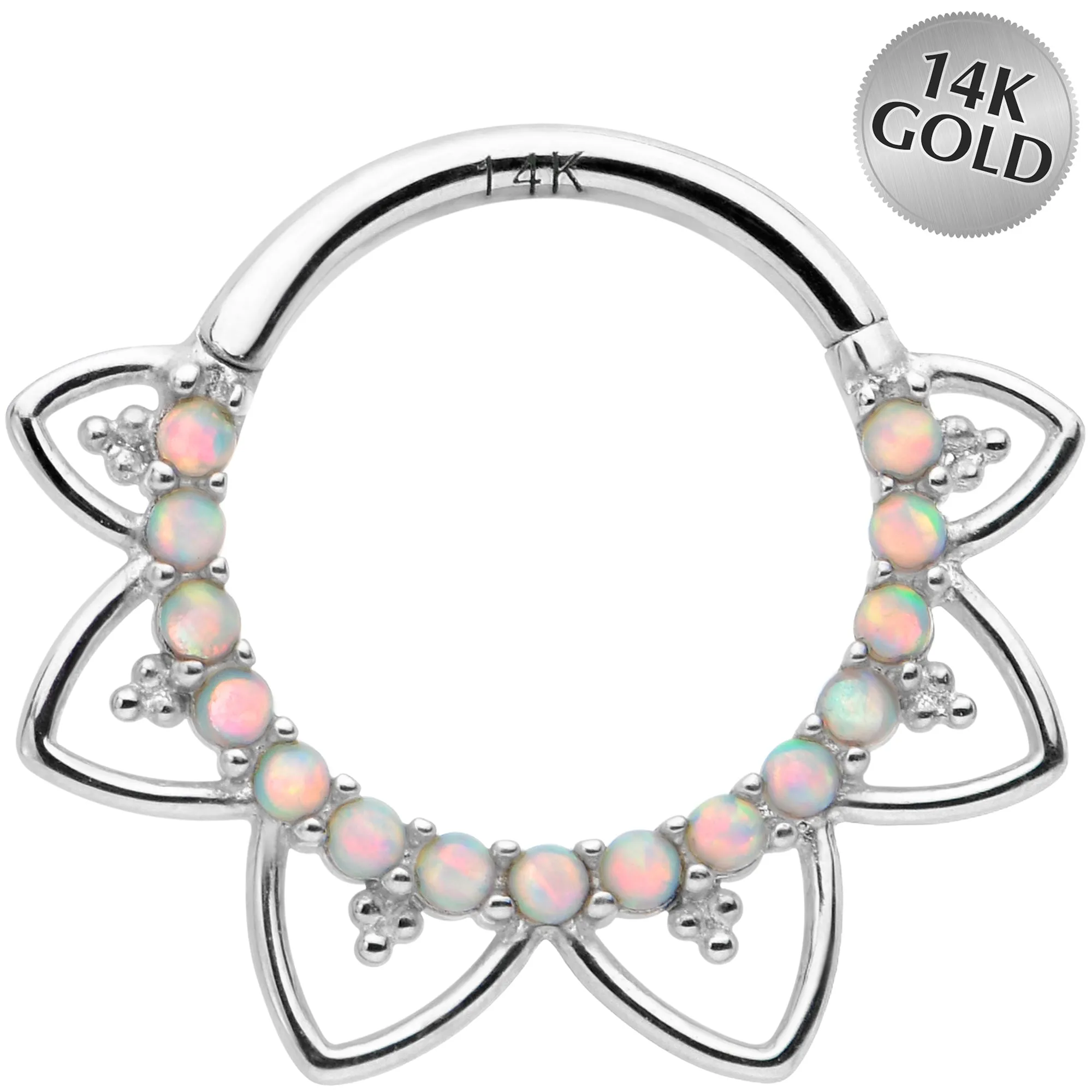 16 Gauge 3/8 White Synthetic Opal 14kt White Gold Filigree Hinged Segment Ring