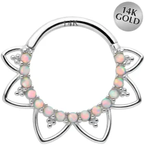16 Gauge 3/8 White Synthetic Opal 14kt White Gold Filigree Hinged Segment Ring