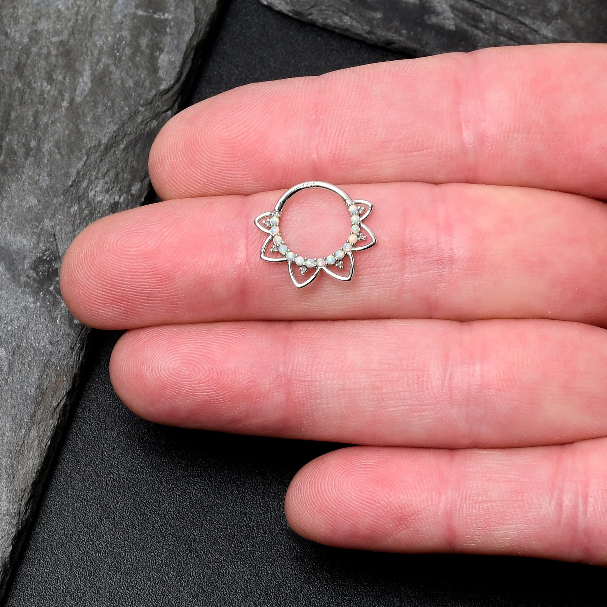 16 Gauge 3/8 White Synthetic Opal 14kt White Gold Filigree Hinged Segment Ring