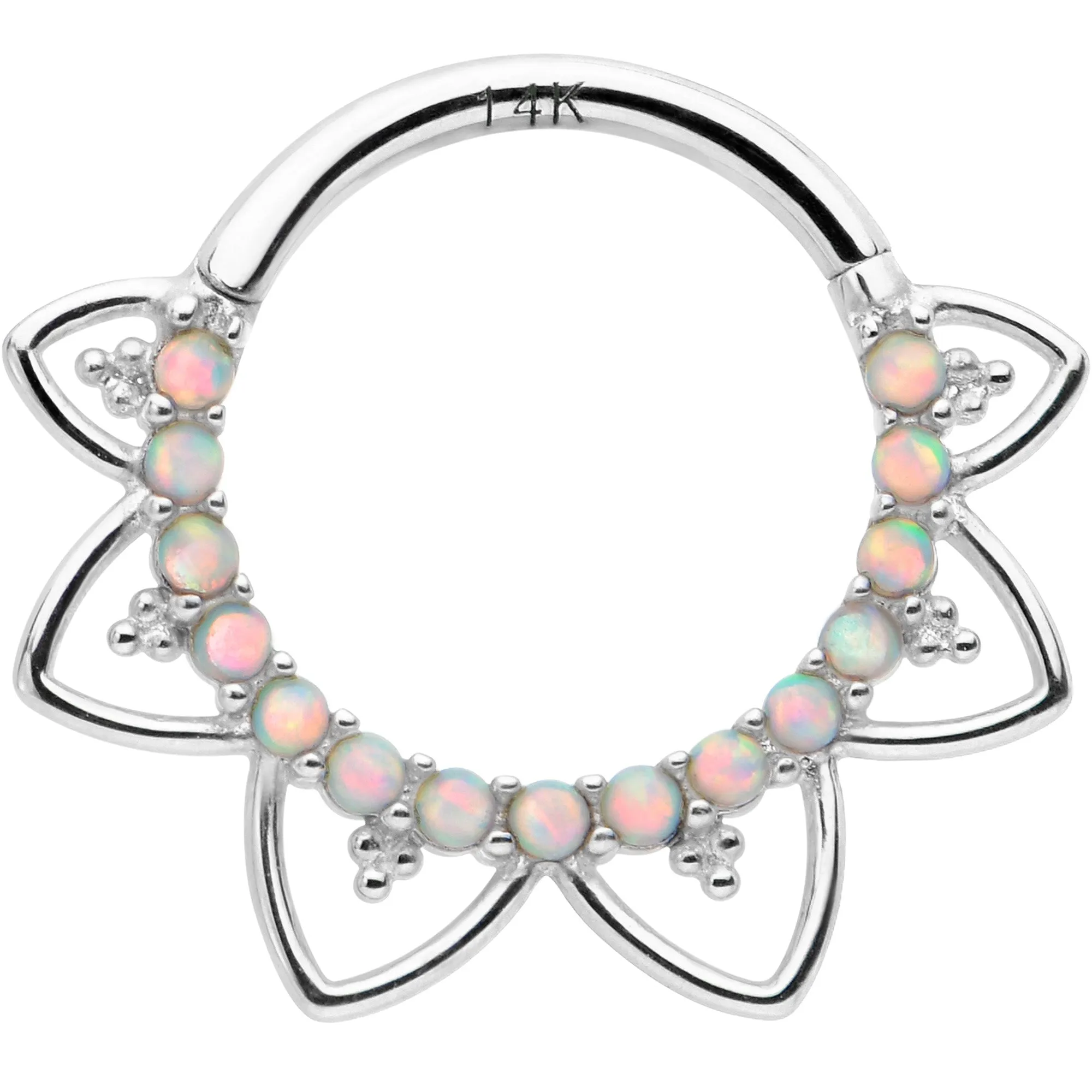 16 Gauge 3/8 White Synthetic Opal 14kt White Gold Filigree Hinged Segment Ring