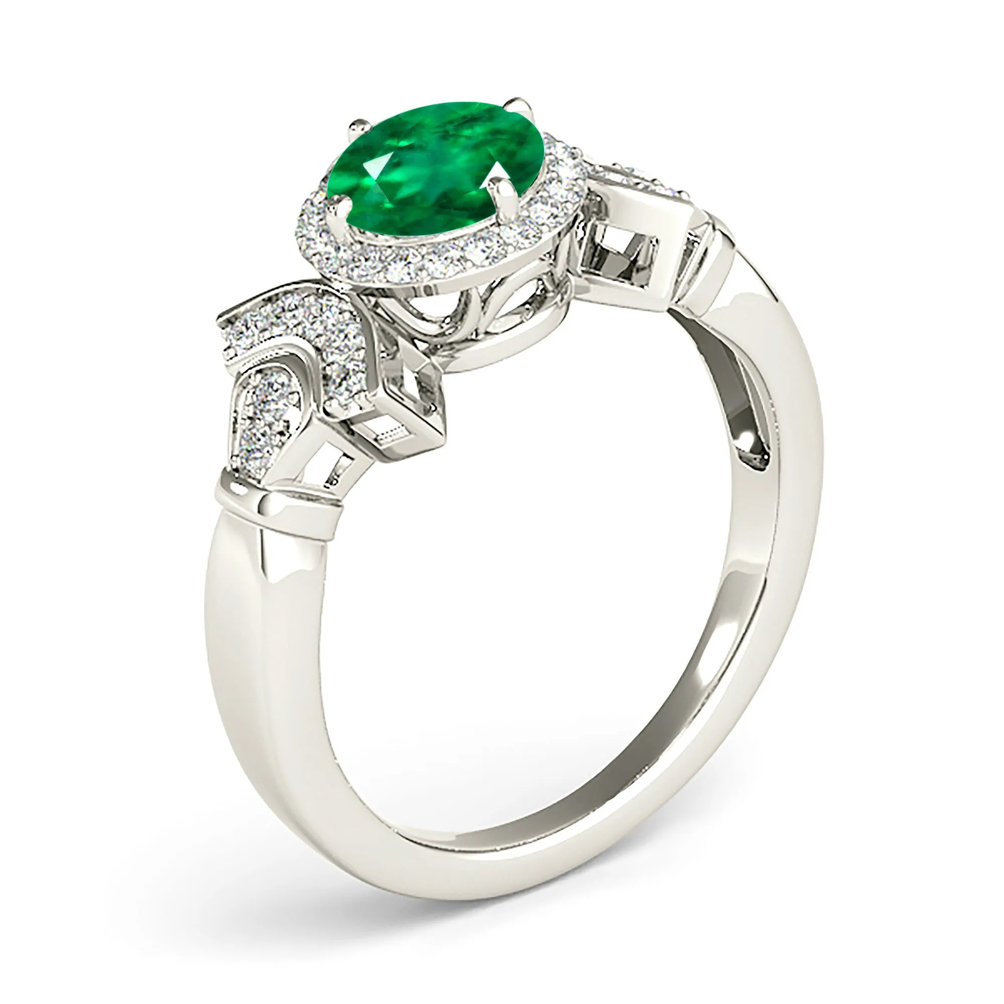 1.70 ct. Genuine Emerald Ring With Halo and Fancy Design Diamond Band