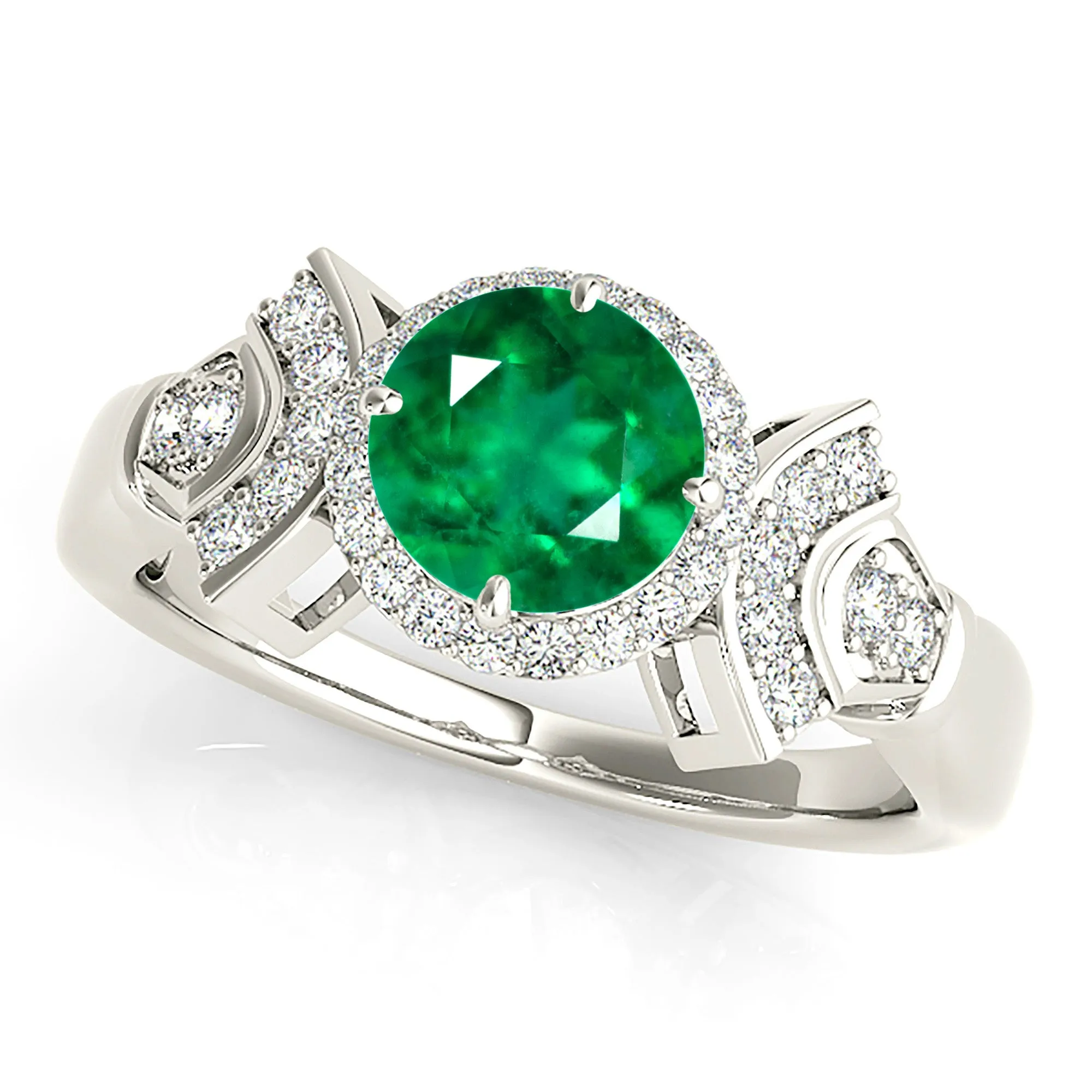 1.70 ct. Genuine Emerald Ring With Halo and Fancy Design Diamond Band