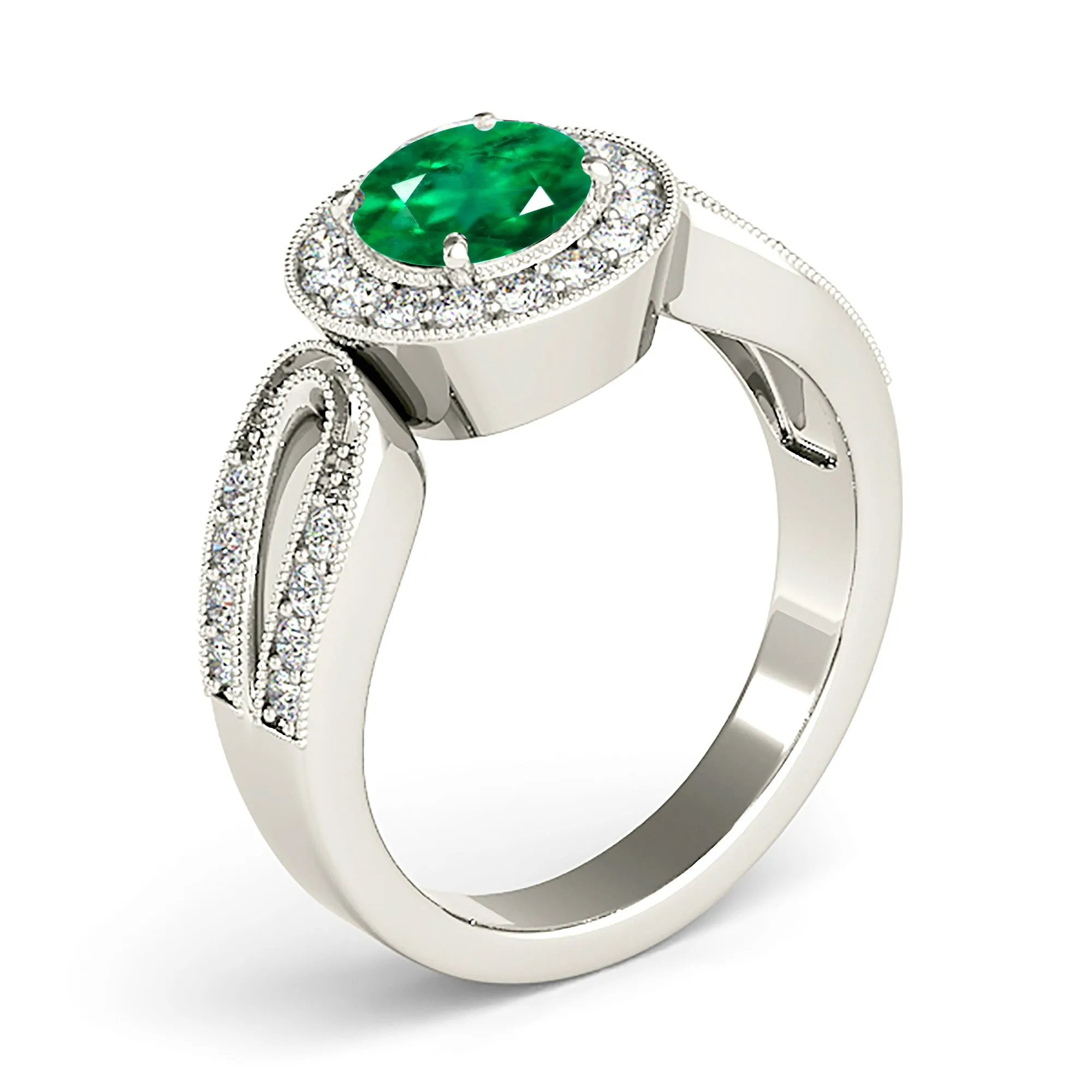 1.75 ct. Genuine Emerald Ring With Halo,Milgrain Channel Set Diamond