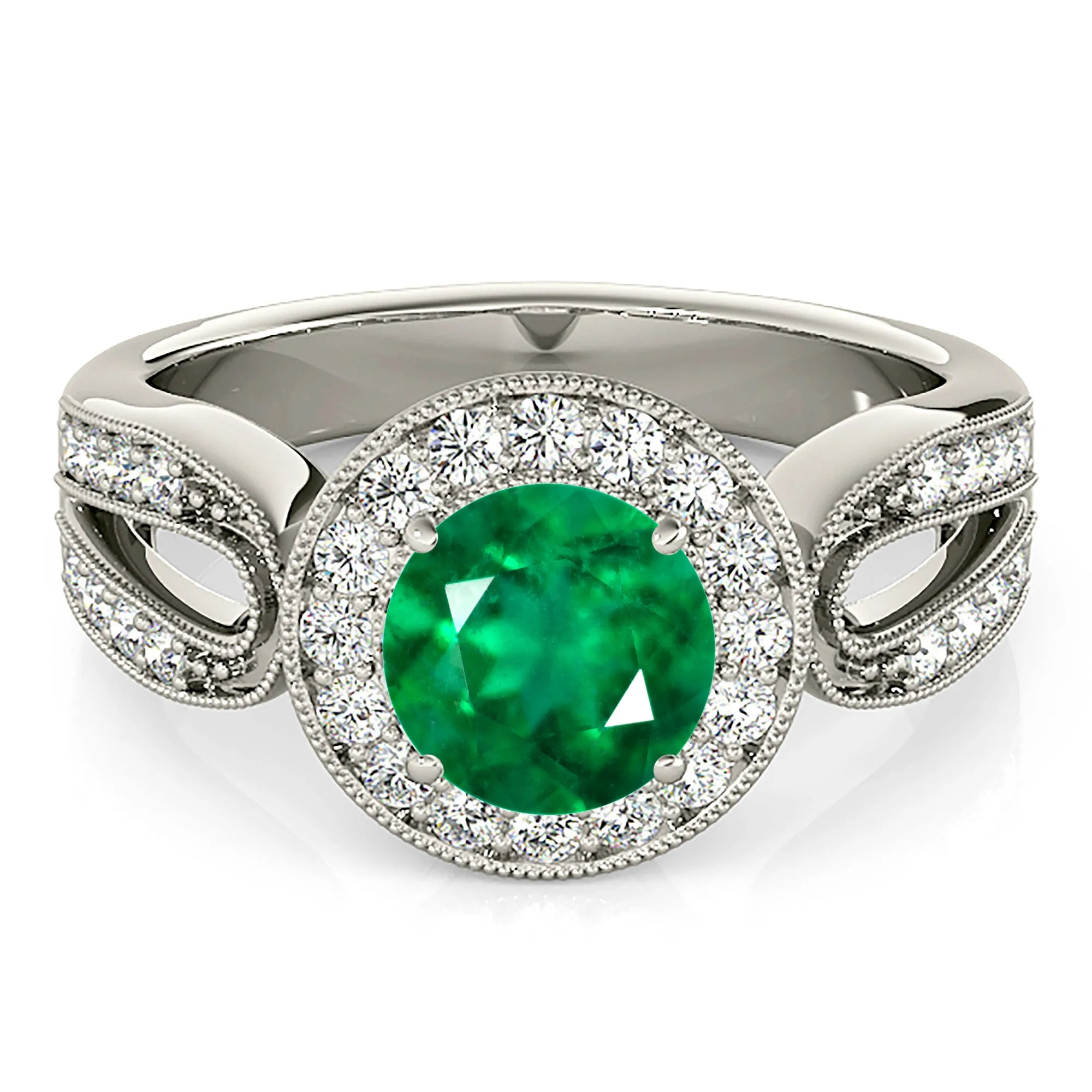 1.75 ct. Genuine Emerald Ring With Halo,Milgrain Channel Set Diamond
