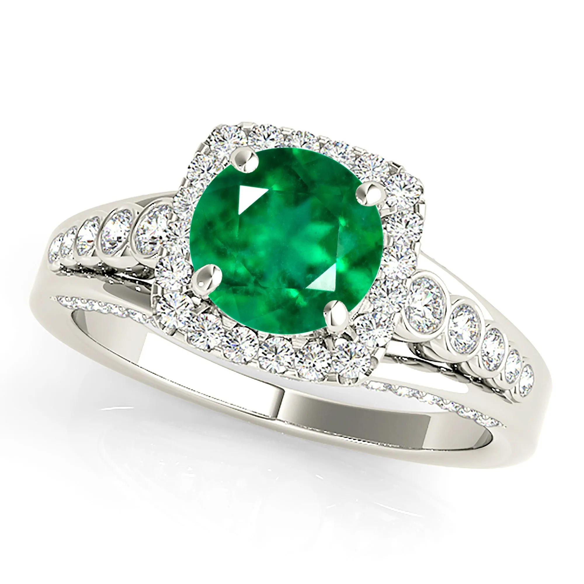 1.75 ct. Genuine Emerald Split Shank Halo Ring With Side Diamonds