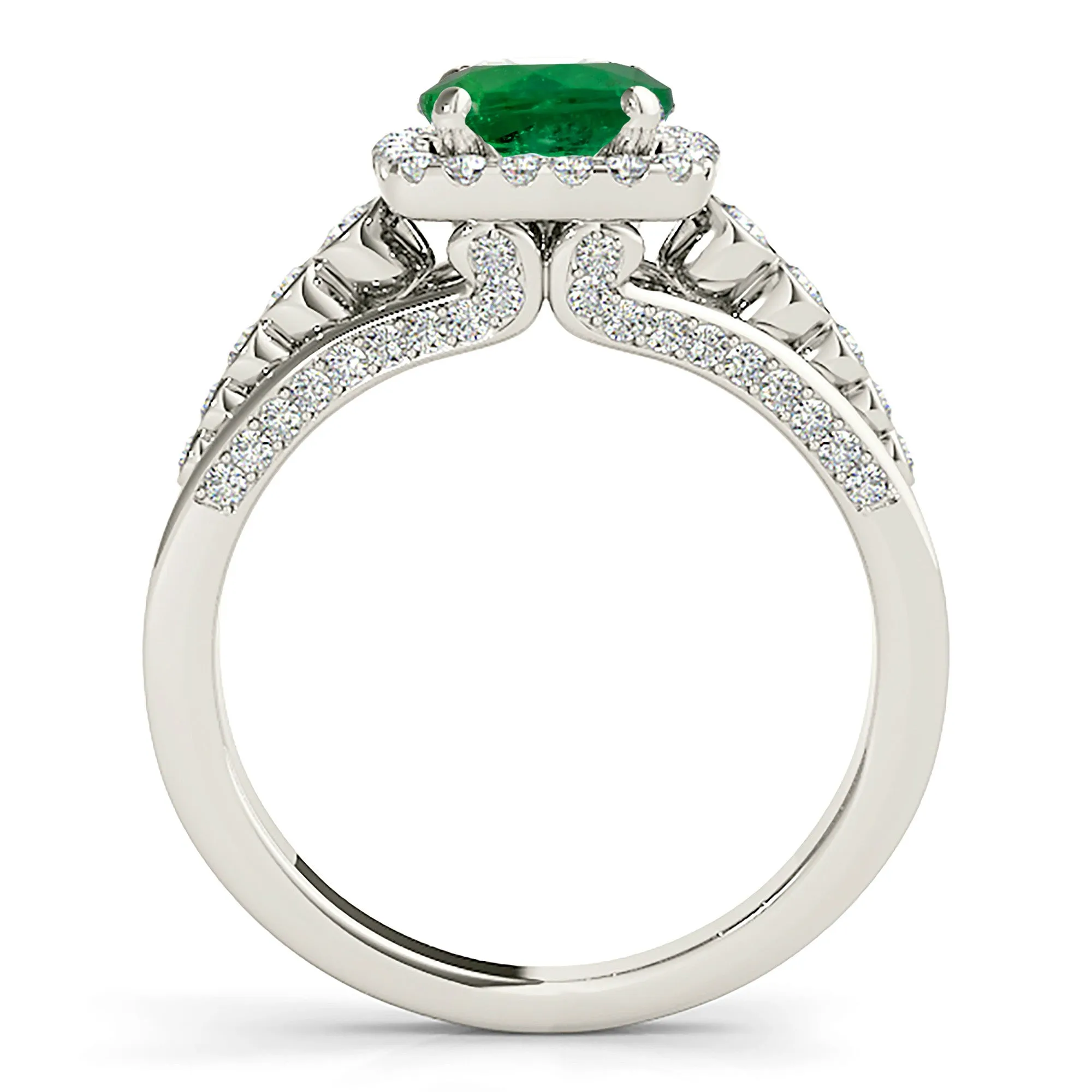 1.75 ct. Genuine Emerald Split Shank Halo Ring With Side Diamonds