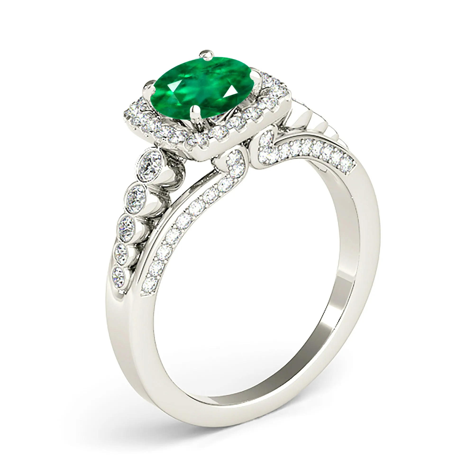 1.75 ct. Genuine Emerald Split Shank Halo Ring With Side Diamonds