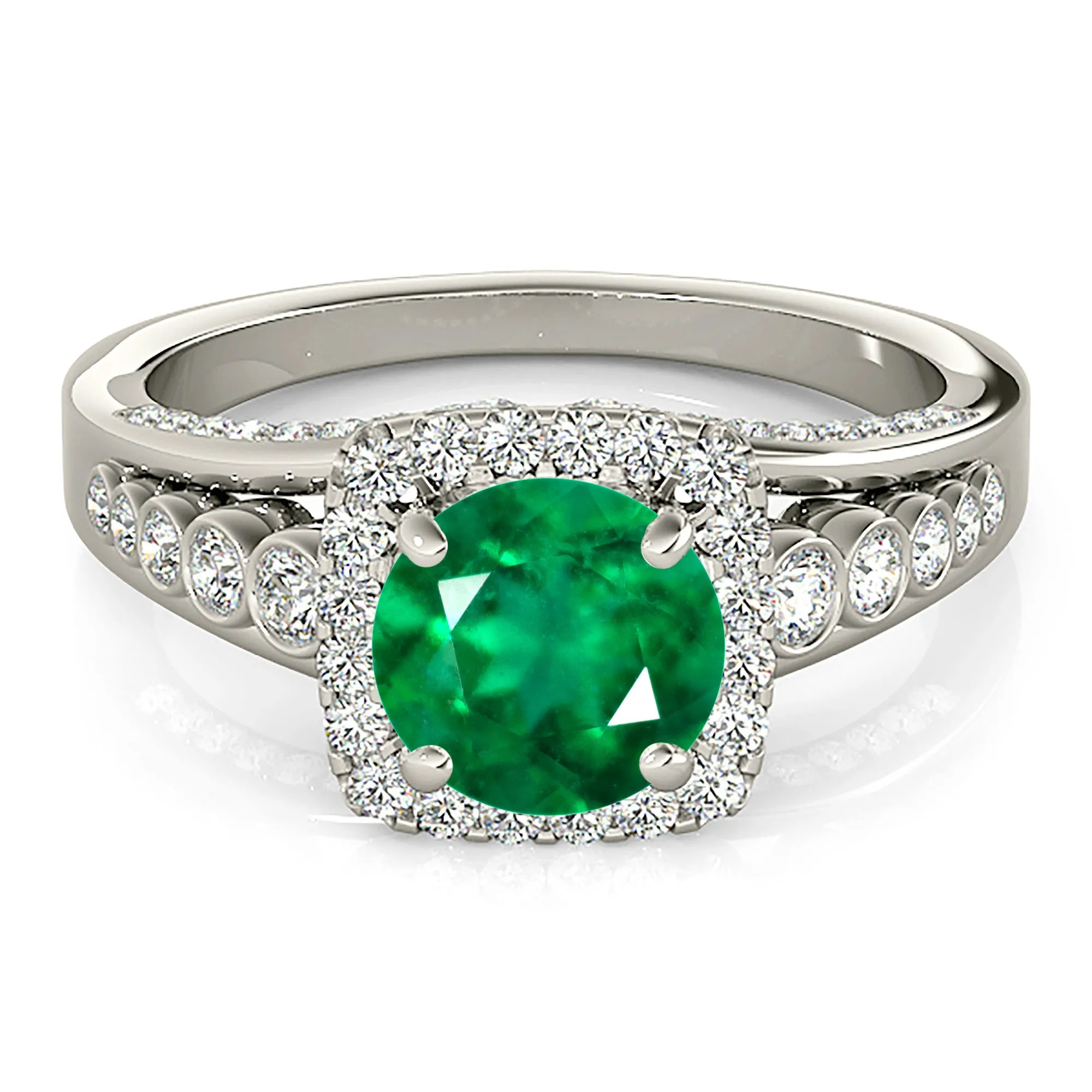 1.75 ct. Genuine Emerald Split Shank Halo Ring With Side Diamonds
