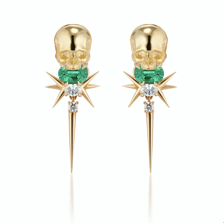 18ct Yellow Gold Muzo Emerald & Diamond Skull Drop Earrings