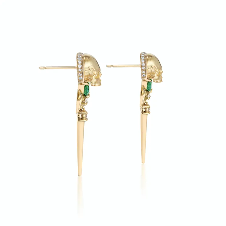 18ct Yellow Gold Muzo Emerald & Diamond Skull Drop Earrings