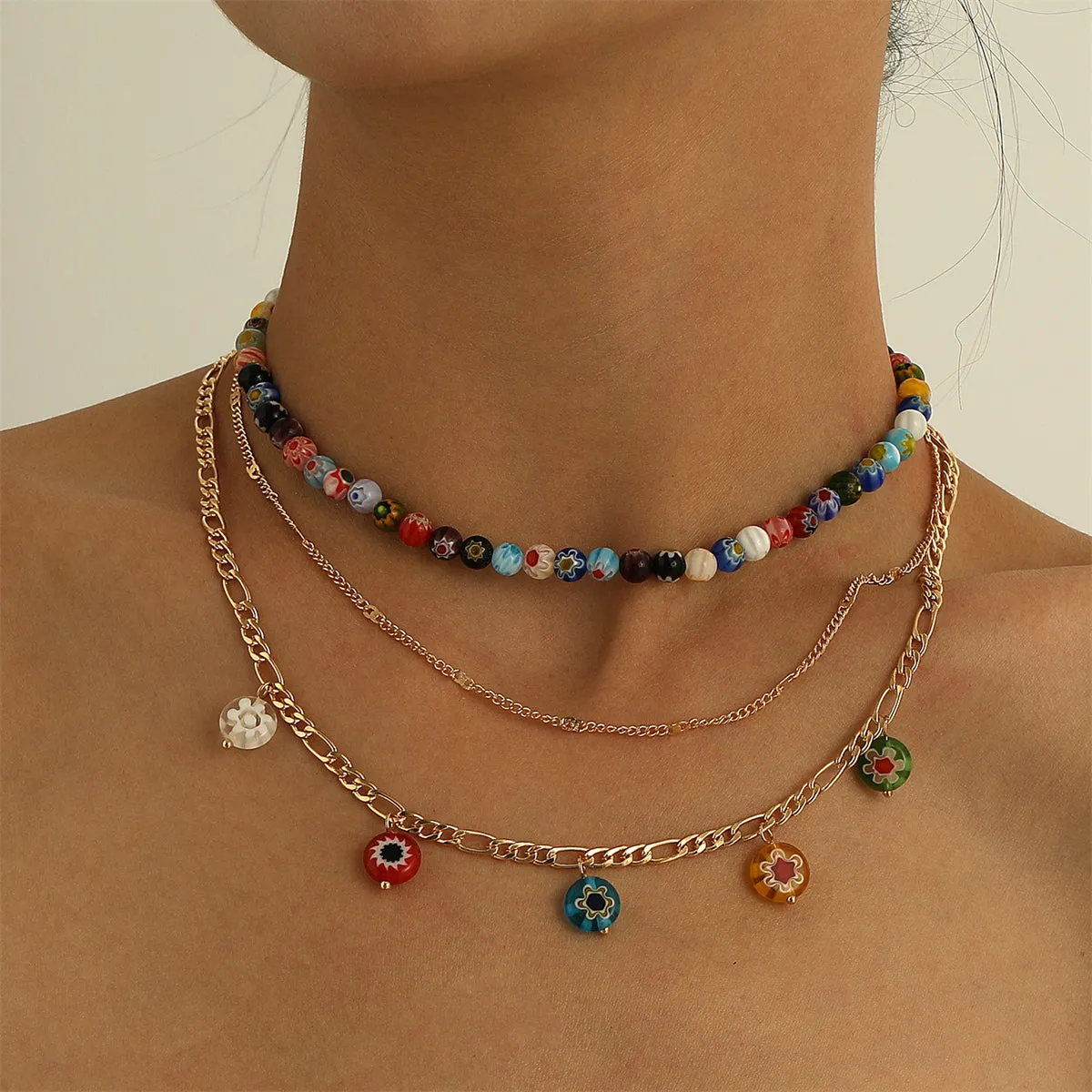 18K Gold-Plated Multicolor Floral Layered Necklace