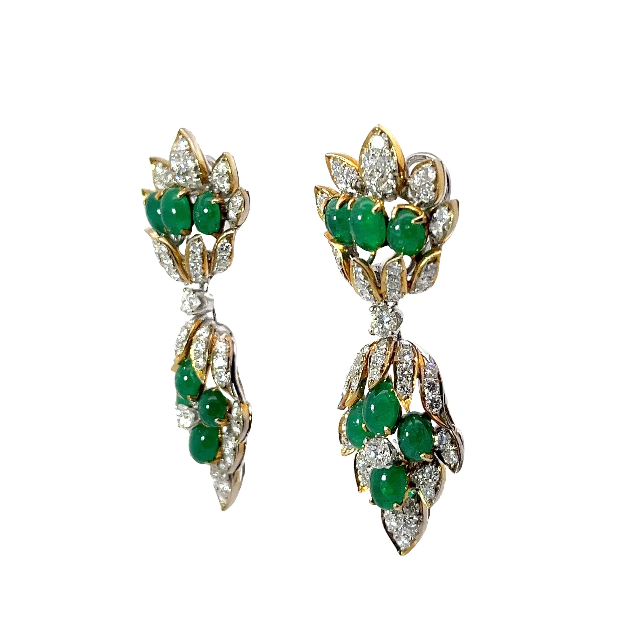18k Two Toned 13.50ct F VS2 Round Diamond and 3.00ct Cabochon Cut Emerald Earrings