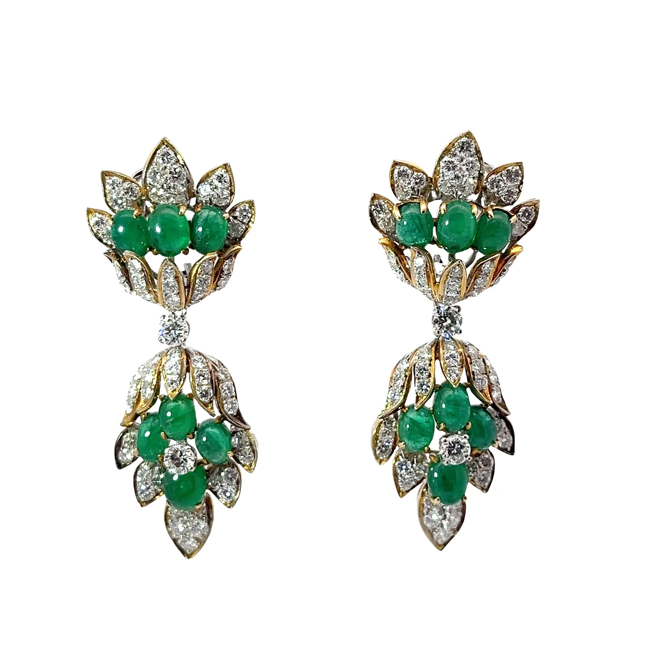 18k Two Toned 13.50ct F VS2 Round Diamond and 3.00ct Cabochon Cut Emerald Earrings