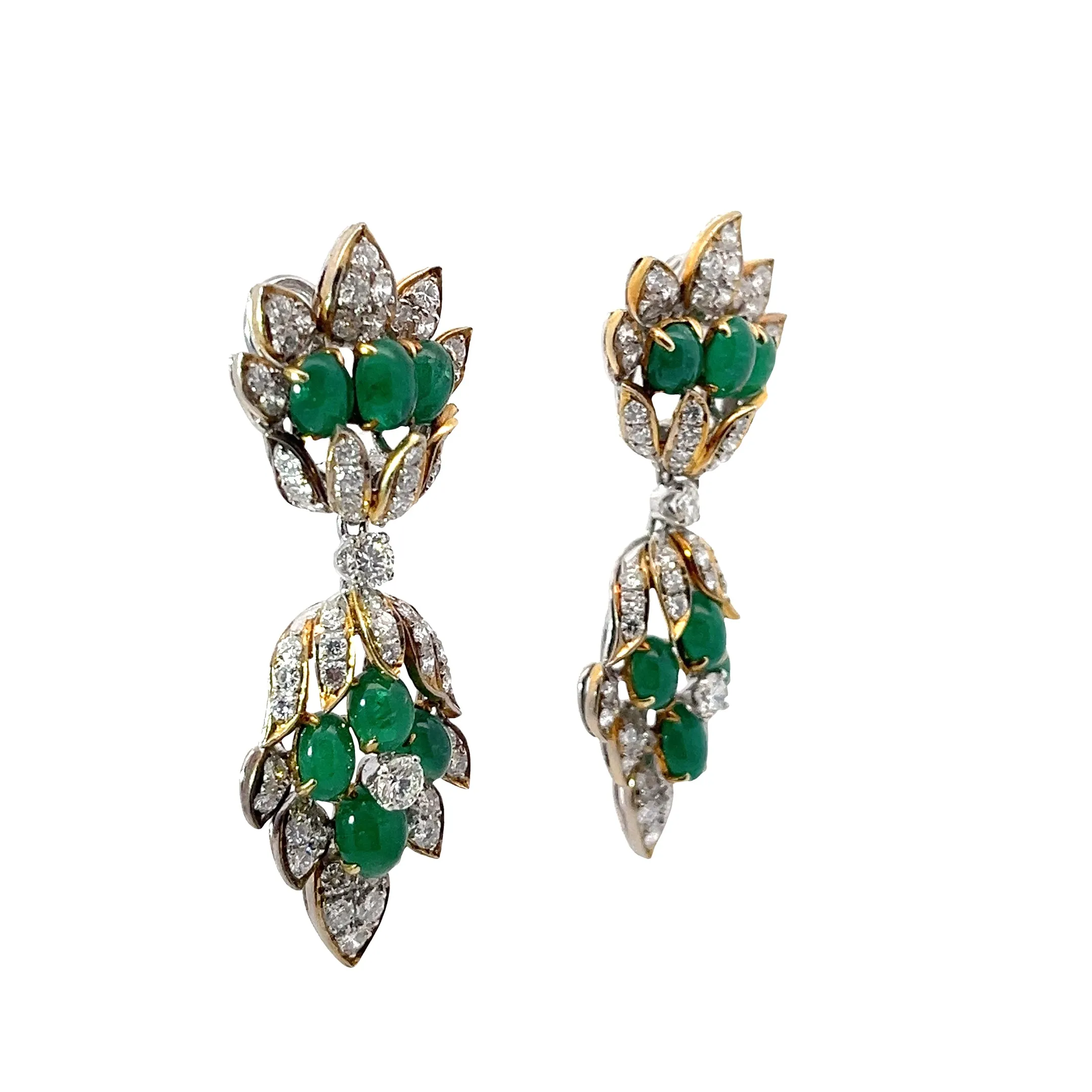 18k Two Toned 13.50ct F VS2 Round Diamond and 3.00ct Cabochon Cut Emerald Earrings