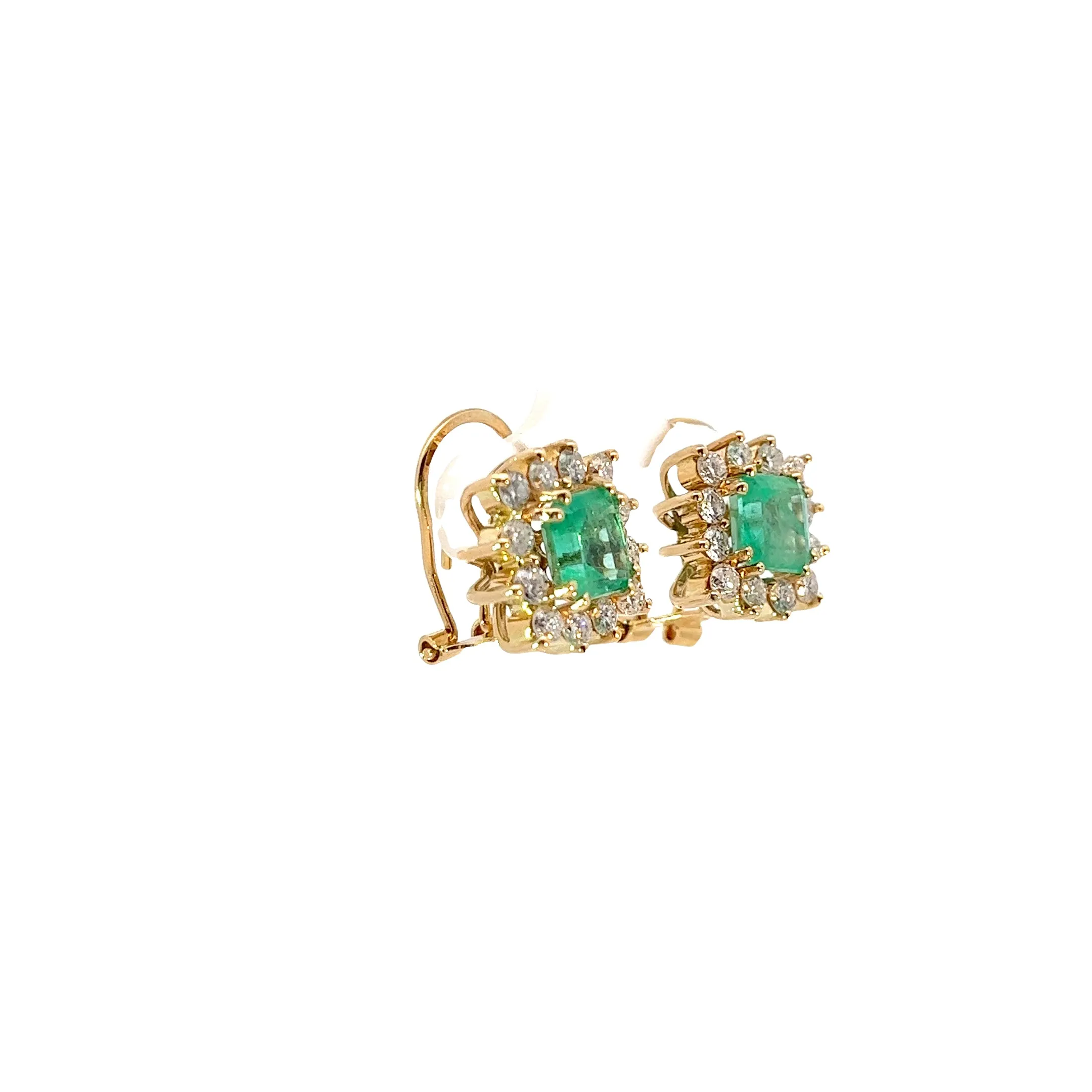 18K YELLOW GOLD  2.00 CT CUSHION COLOMBIAN EMERALD/ 1.00 CT F VS2 ROUND DIAMOND EARRINGS