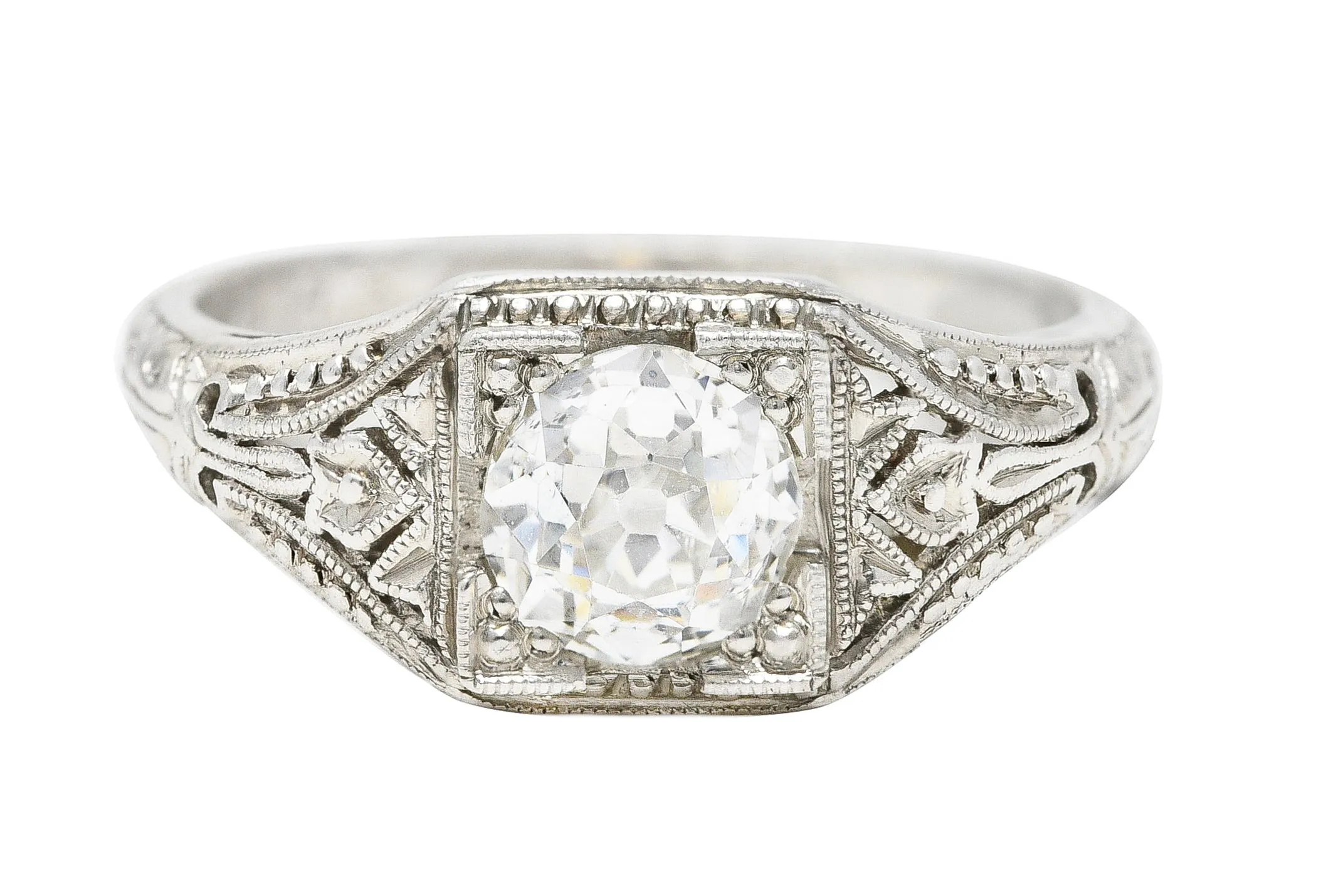 1929 Early Art Deco 0.73 CTW Old European Cut Diamond Platinum Ivy Engagement Ring
