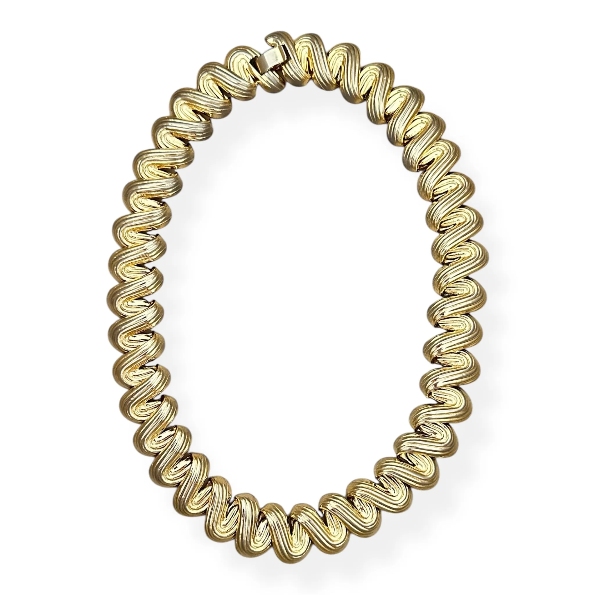 1980's Vintage Heavy Chunky Zig Zag Gold Tone Retro Necklace 18”