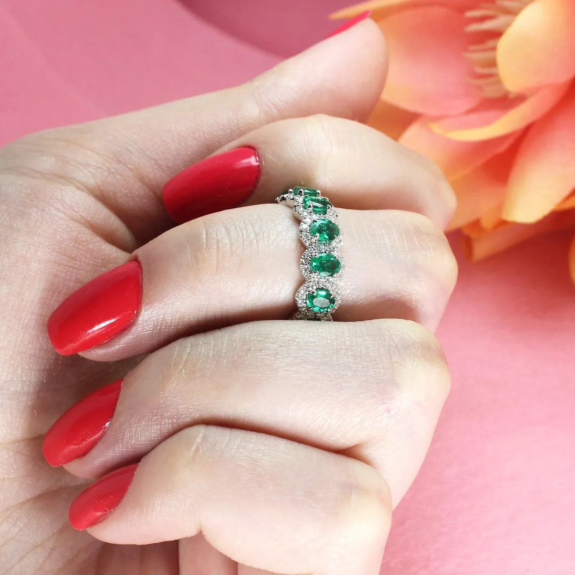 2.50 ct. Genuine Oval Emerald Eternity Ring With Diamond Halo